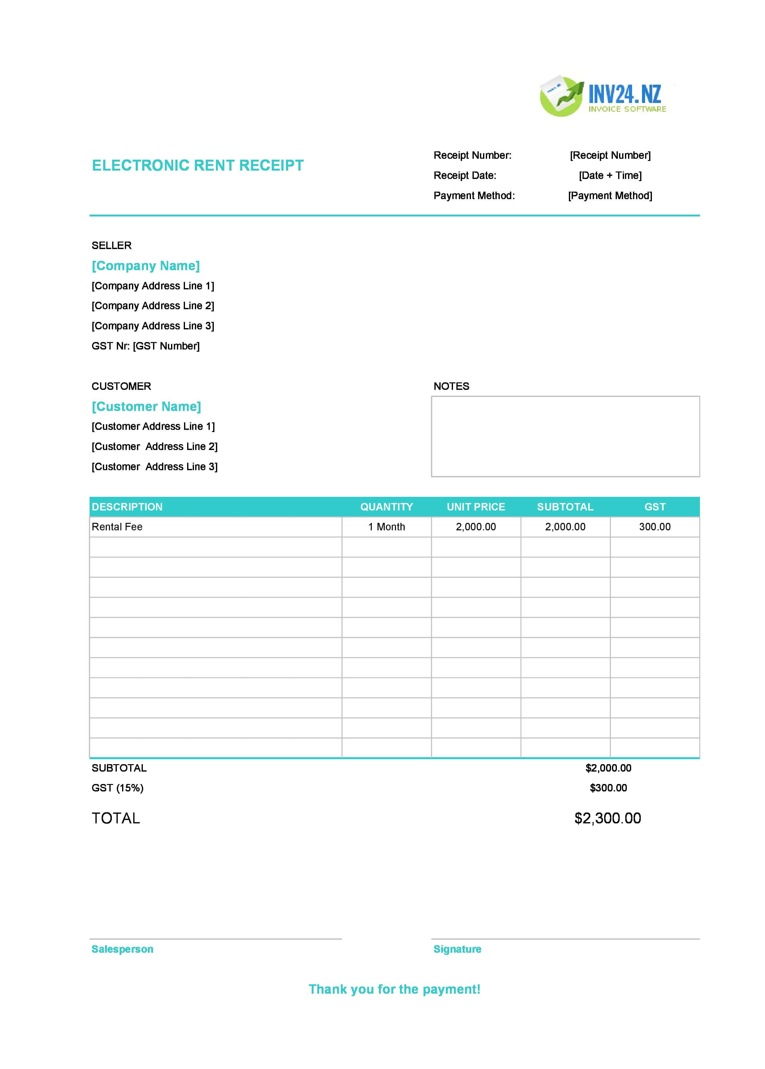 Electronic Rent Receipt Template for New Zealand (Excel / Google Sheets)