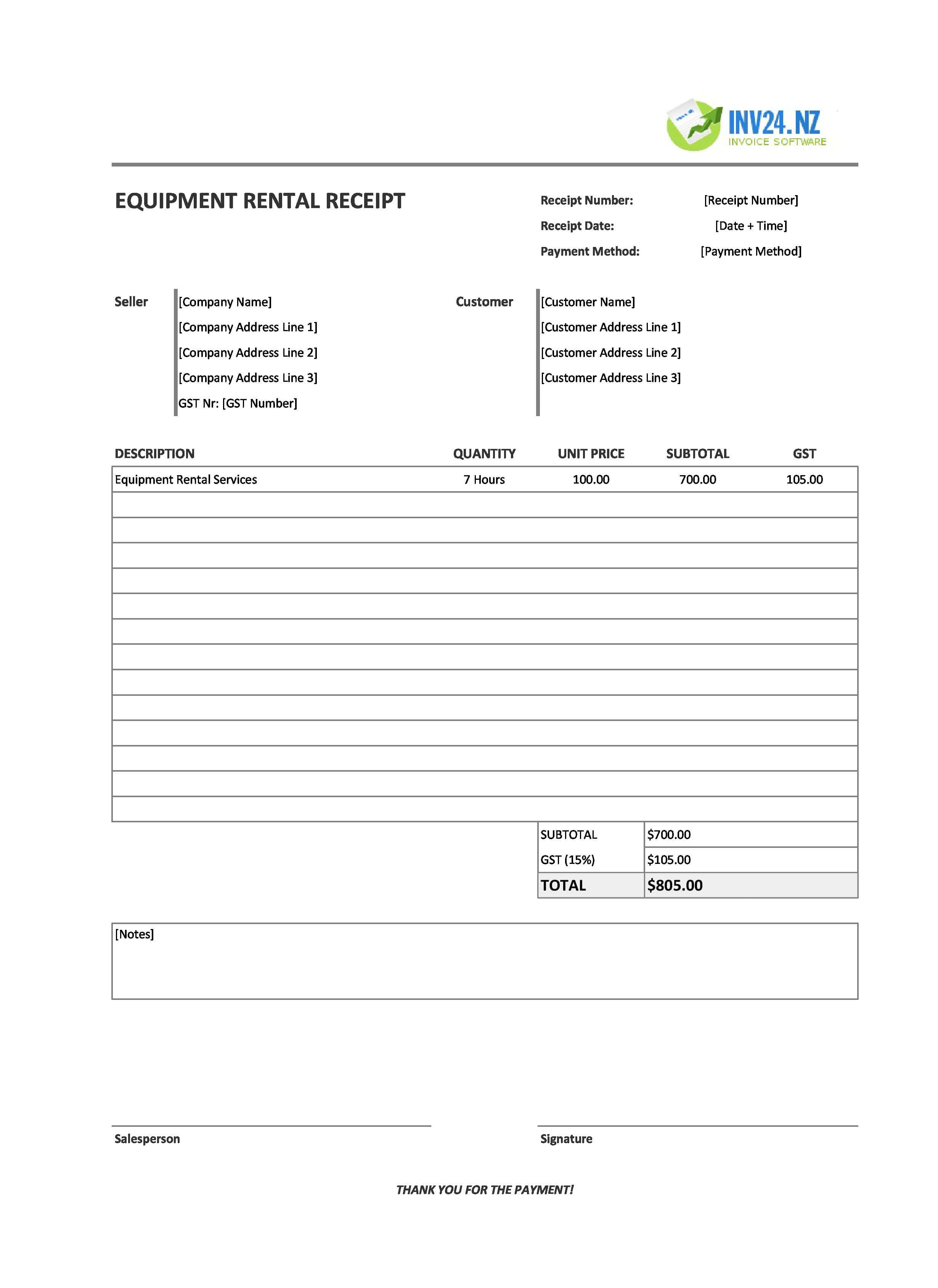 Equipment Rental Receipt Template for New Zealand (Excel / Google Sheets)