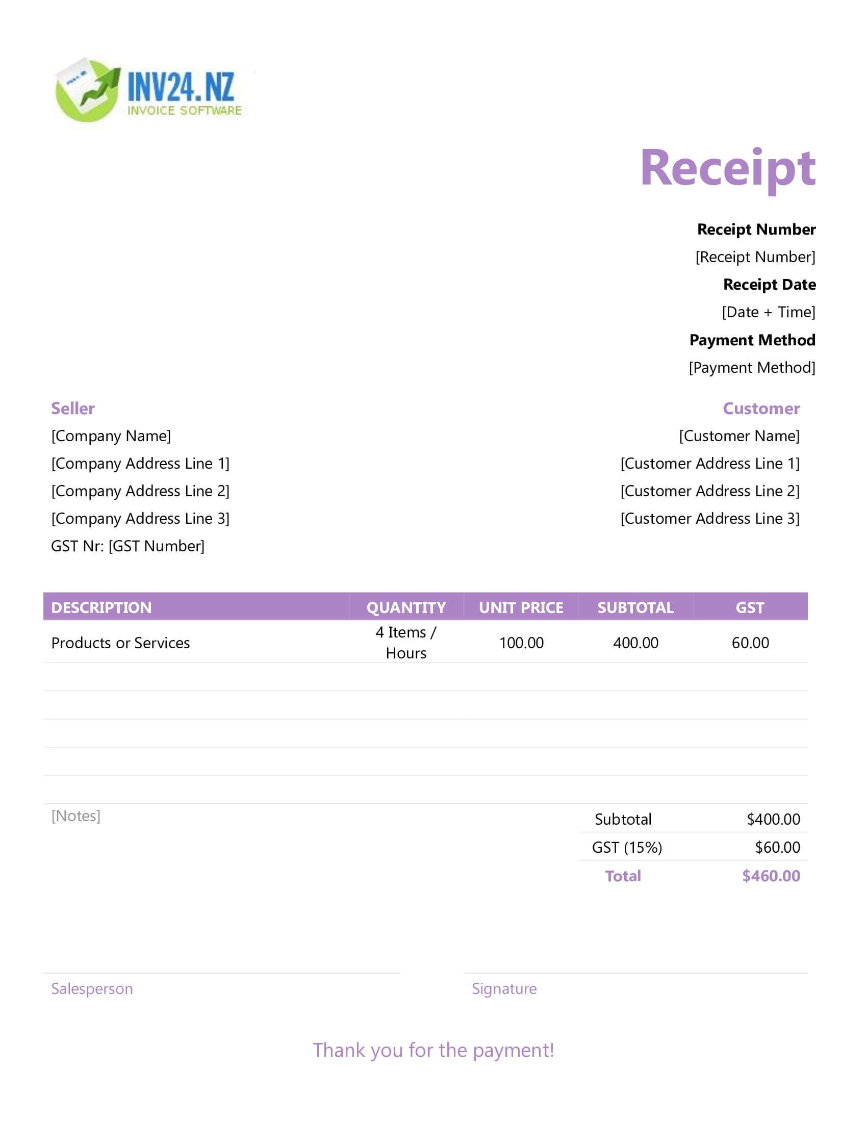 Fillable Receipt Template for New Zealand (Word / Google Docs)