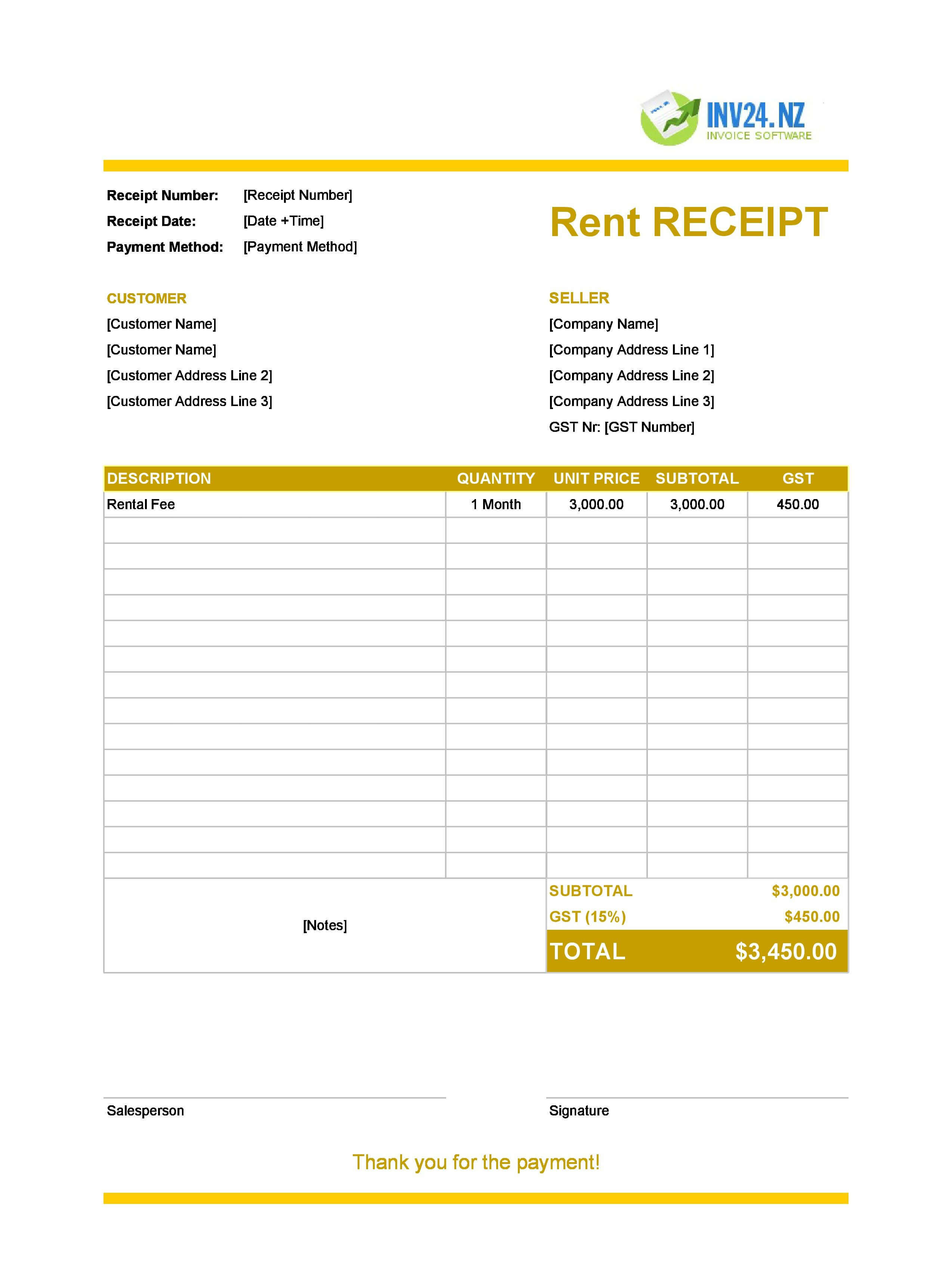 Fillable Rent Receipt Template for New Zealand (Excel / Google Sheets)