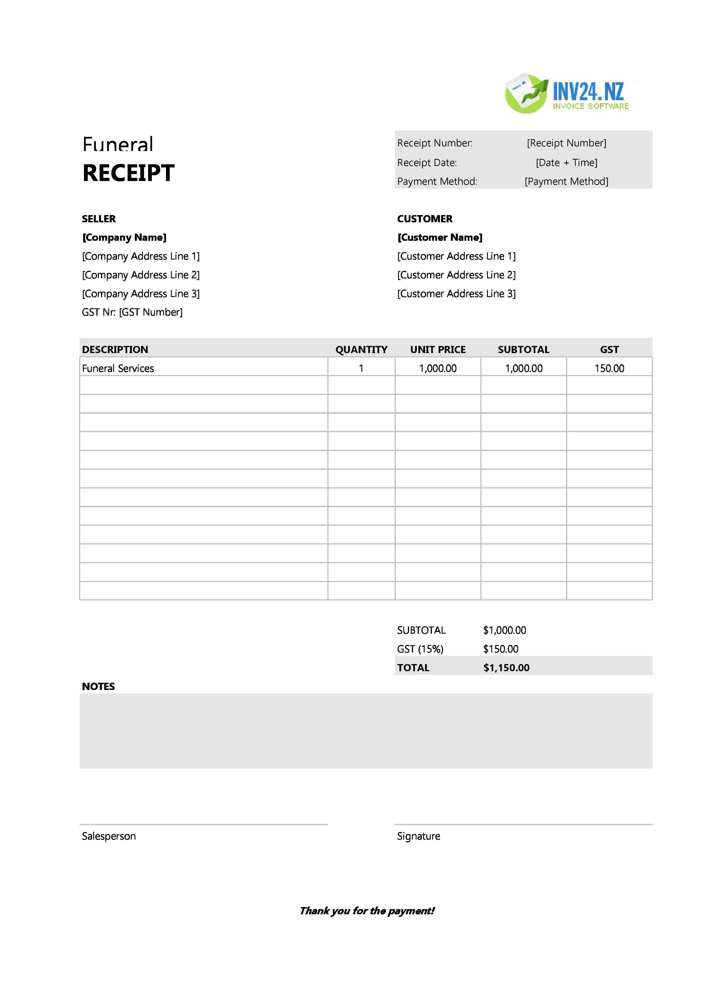 Funeral Receipt Template for New Zealand (Excel / Google Sheets)
