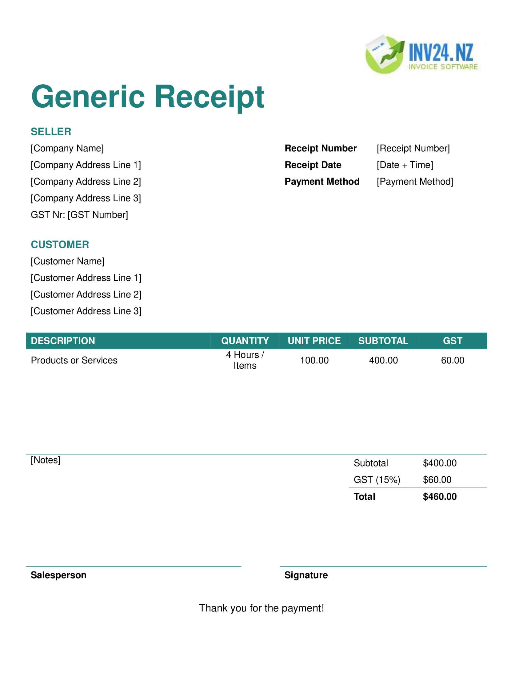 Generic Receipt Template for New Zealand (Word / Google Docs)