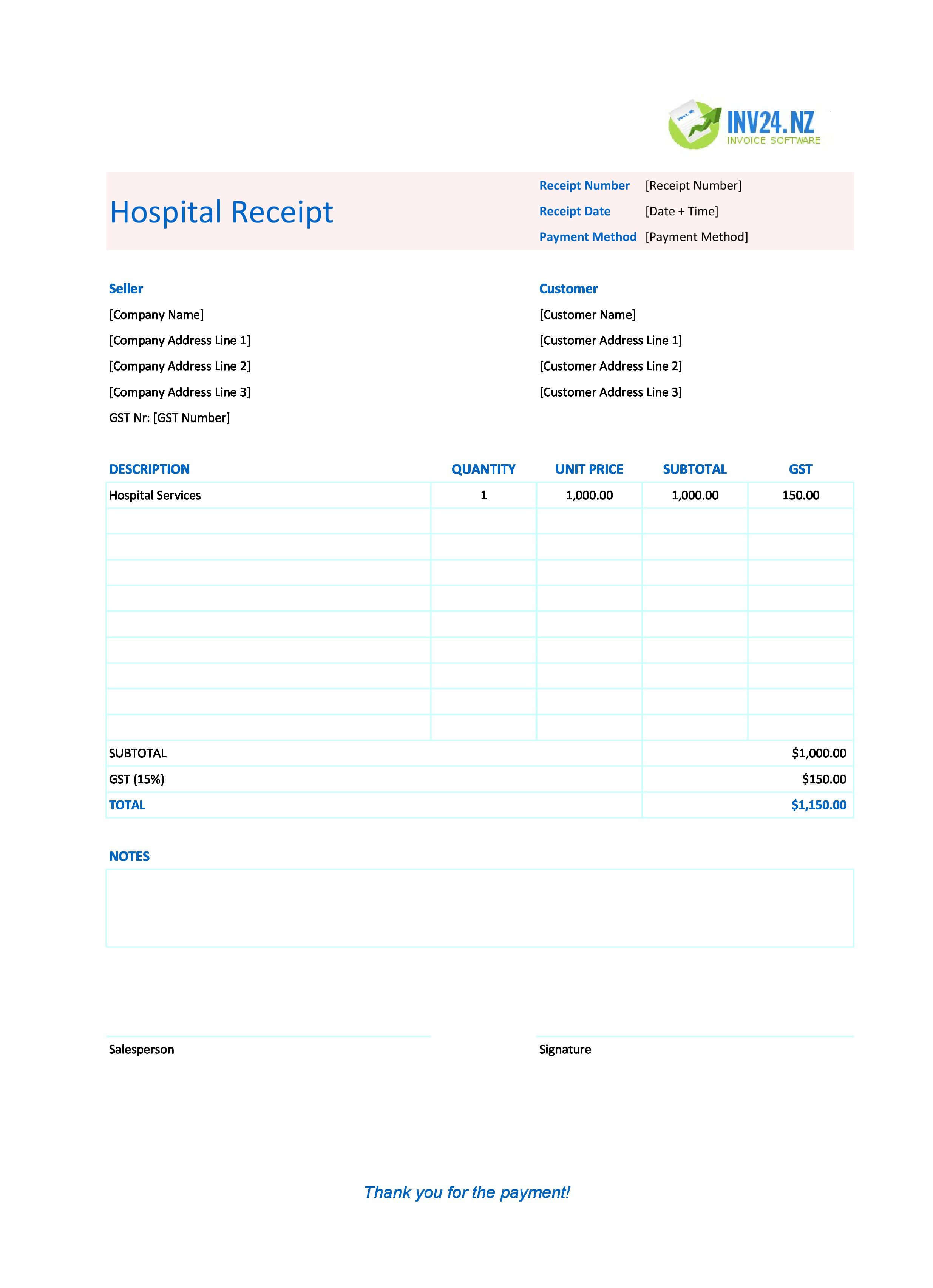 Hospital Receipt Template for New Zealand (Excel / Google Sheets)