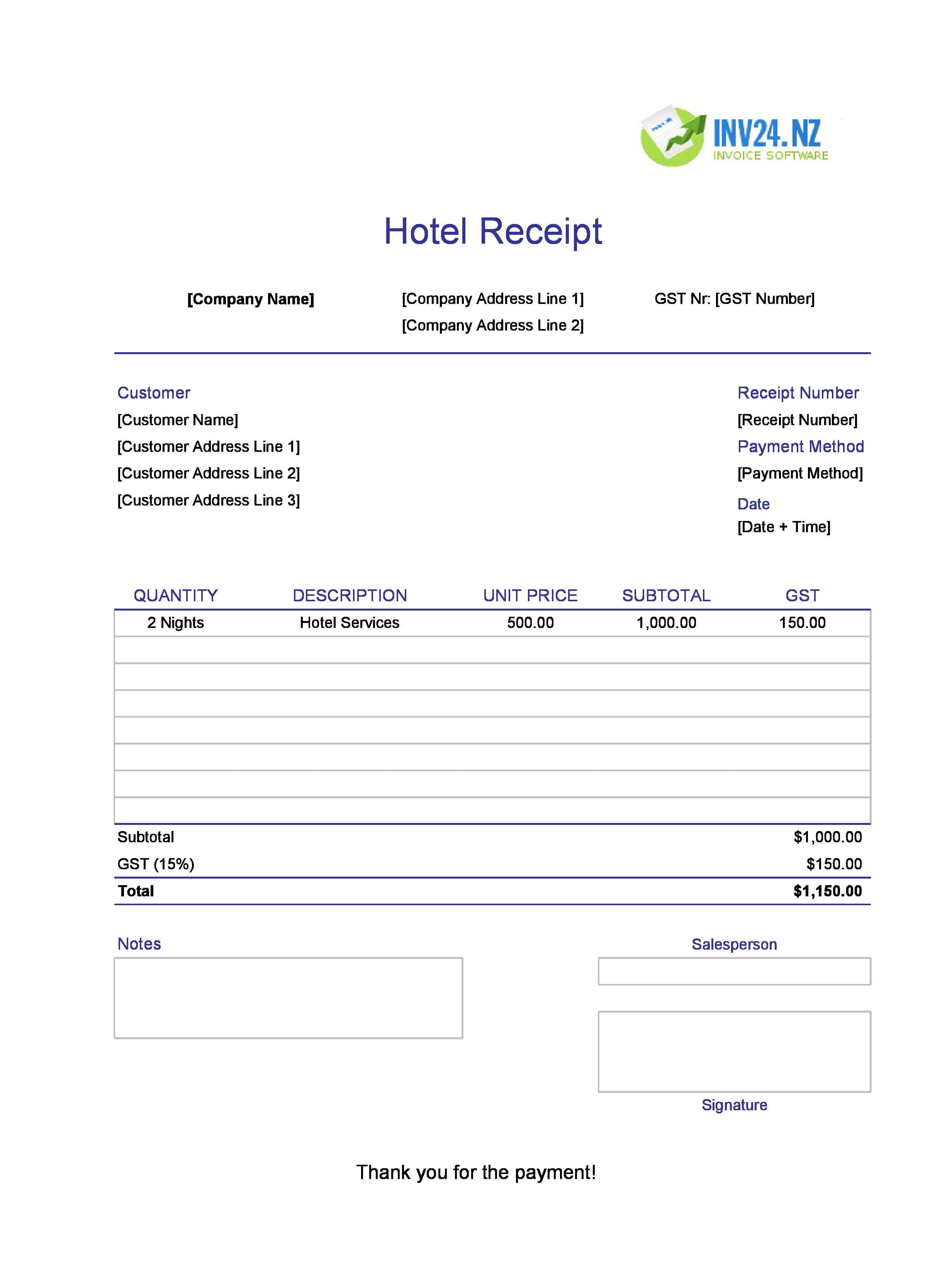 Hotel Receipt Template for New Zealand (Excel / Google Sheets)