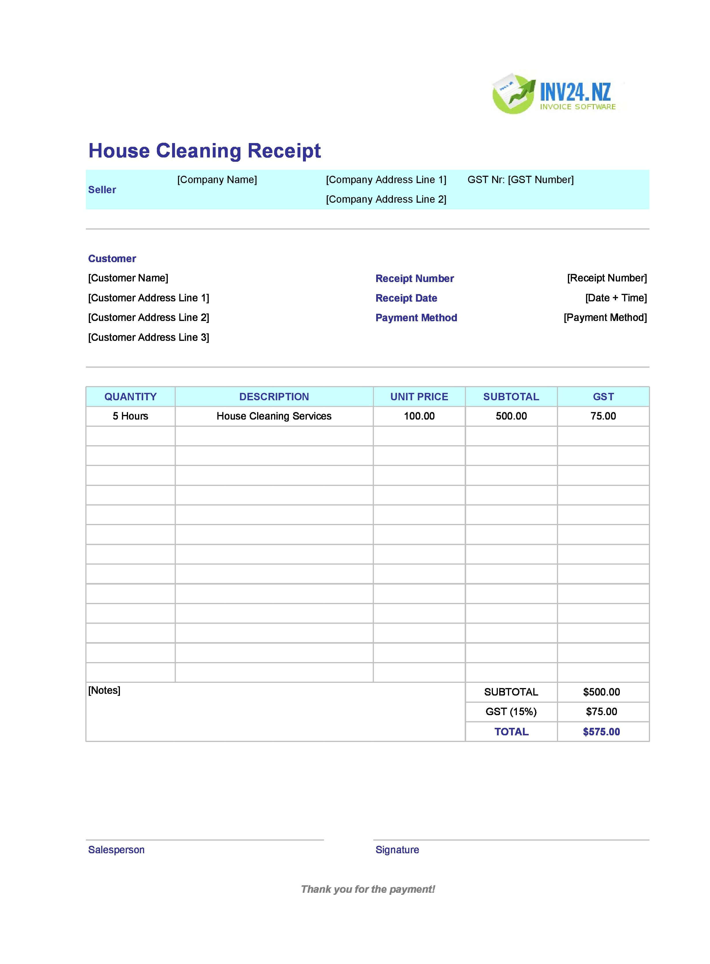 House Cleaning Receipt Template for New Zealand (Excel / Google Sheets)