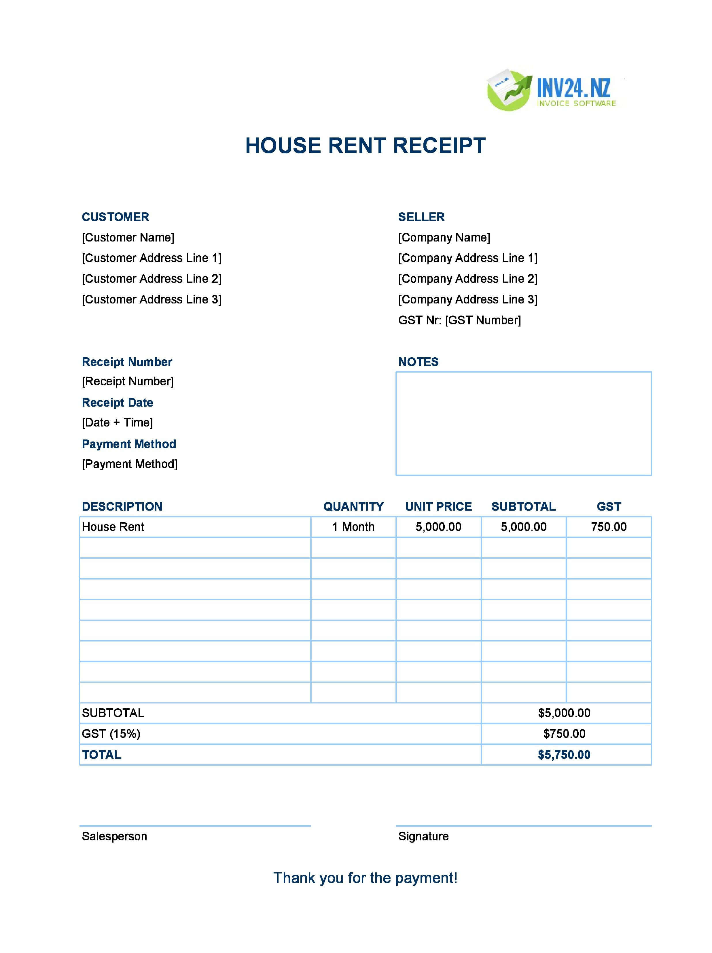 House Rent Receipt Template for New Zealand (Excel / Google Sheets)