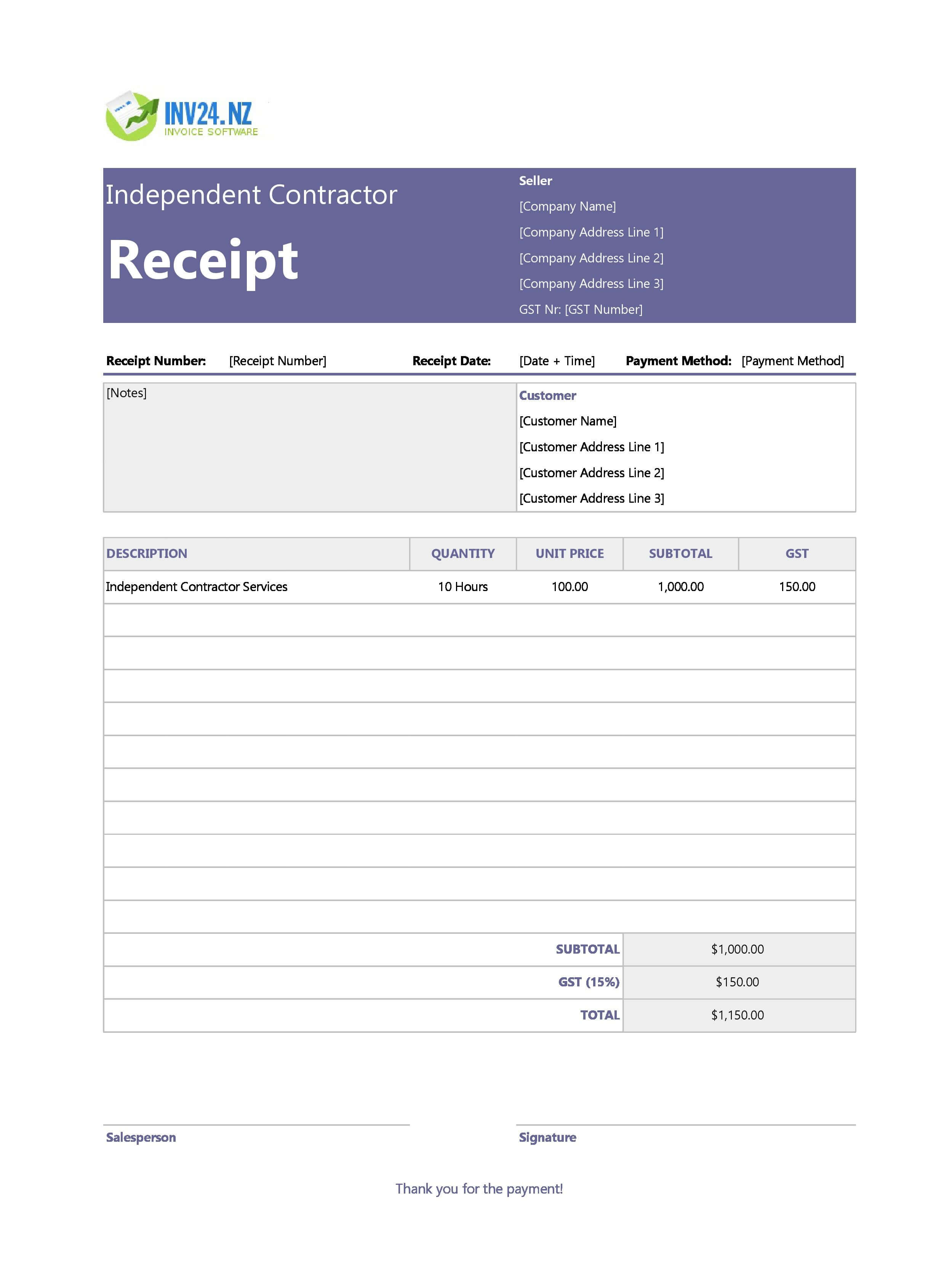 Independent Contractor Receipt Template for New Zealand (Excel / Google Sheets)