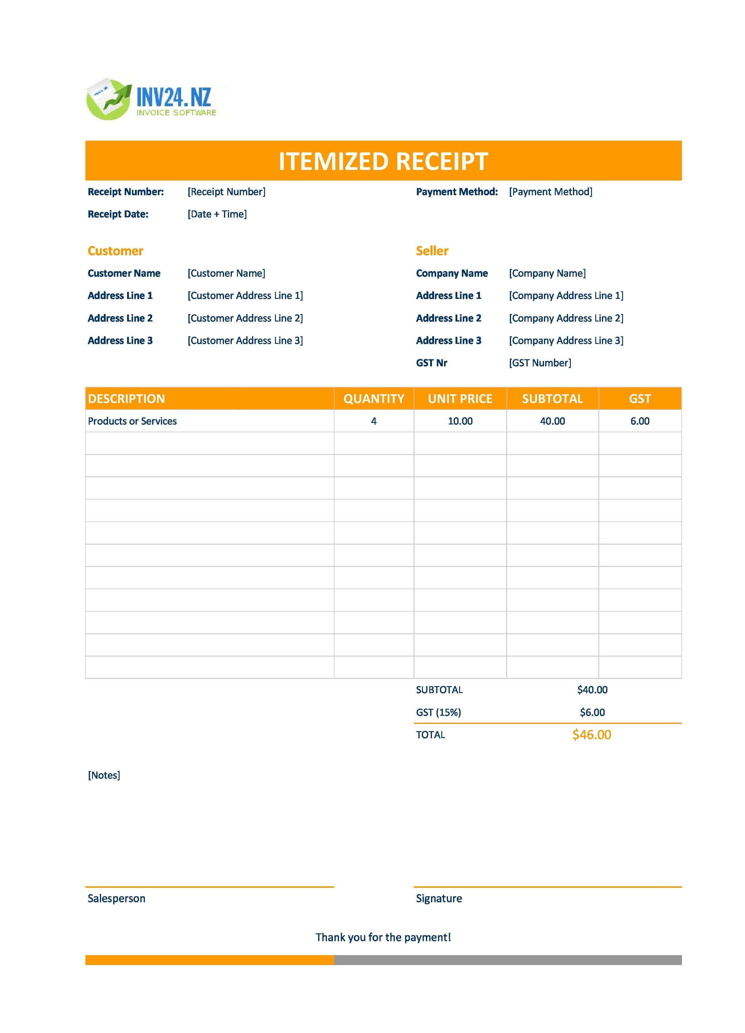 Itemized Receipt Template for New Zealand (Excel / Google Sheets)