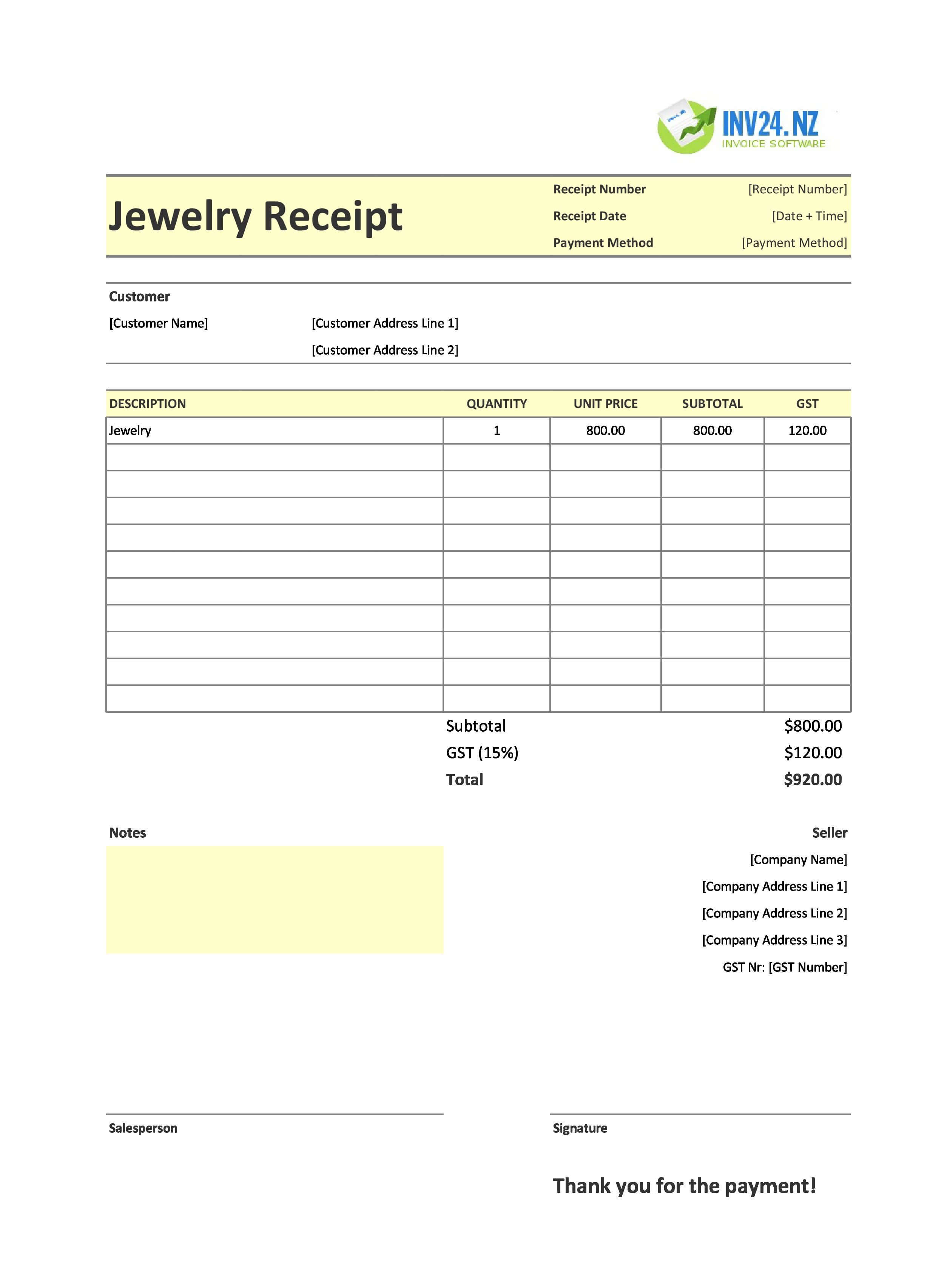 Jewelry Receipt Template for New Zealand (Excel / Google Sheets)