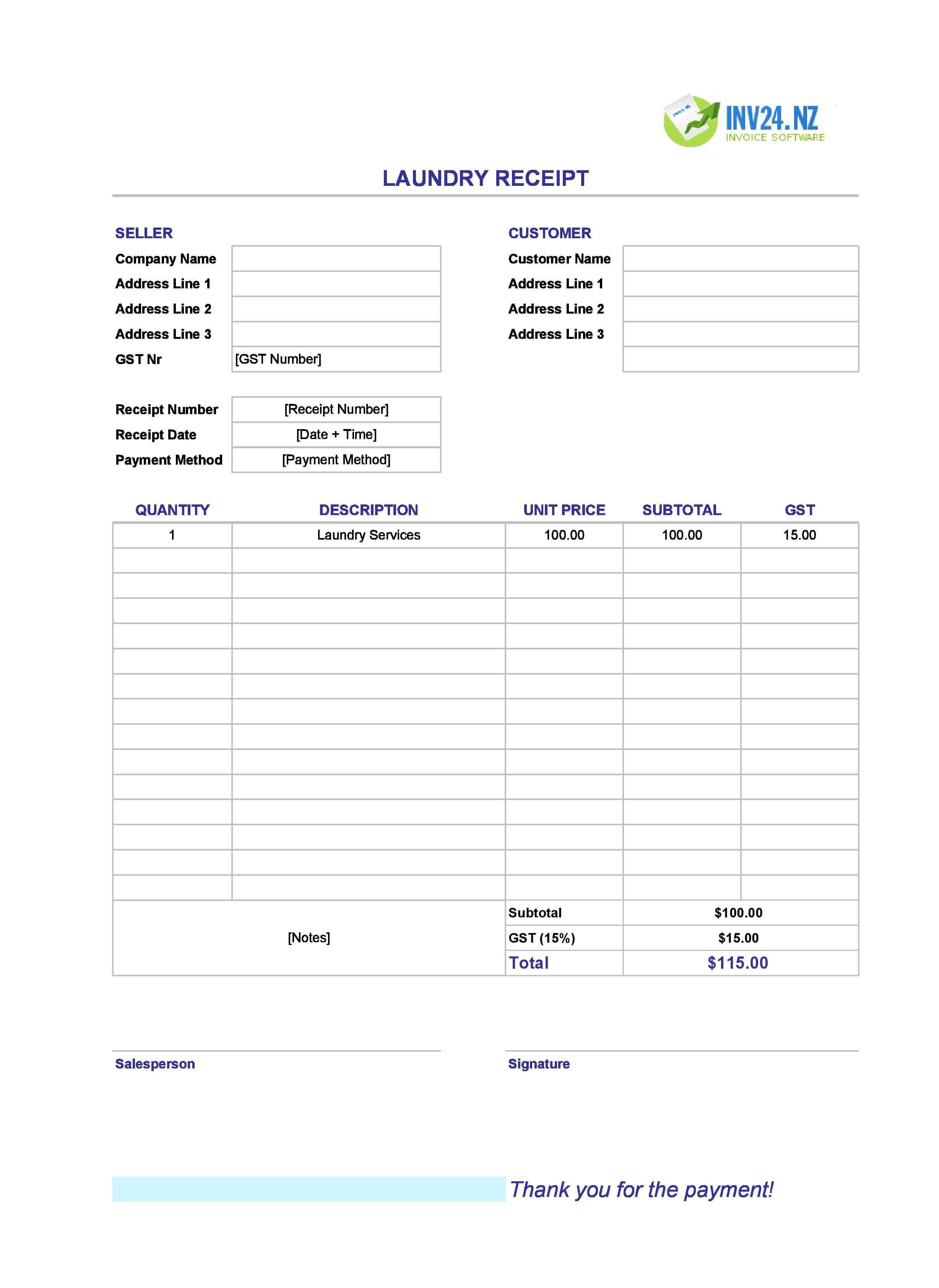 Laundry Receipt Template for New Zealand (Excel / Google Sheets)