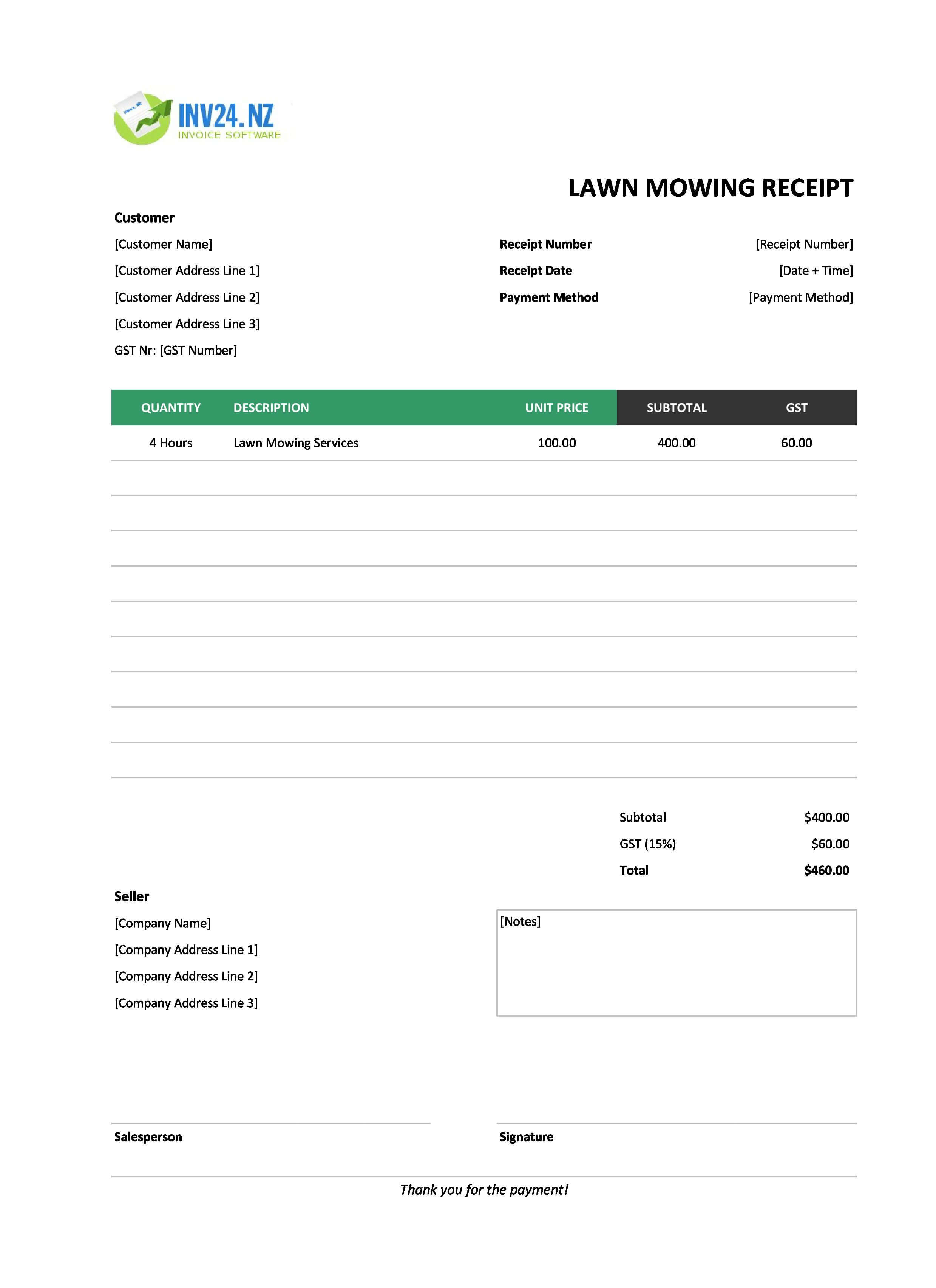 Lawn Mowing Receipt Template for New Zealand (Excel / Google Sheets)