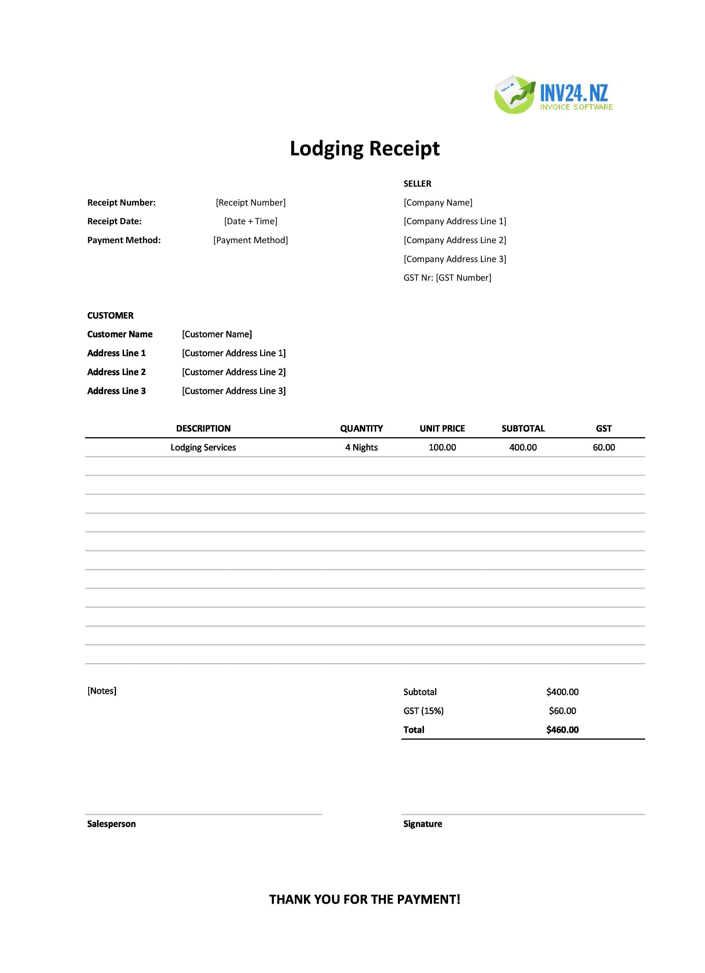 Lodging Receipt Template for New Zealand (Excel / Google Sheets)