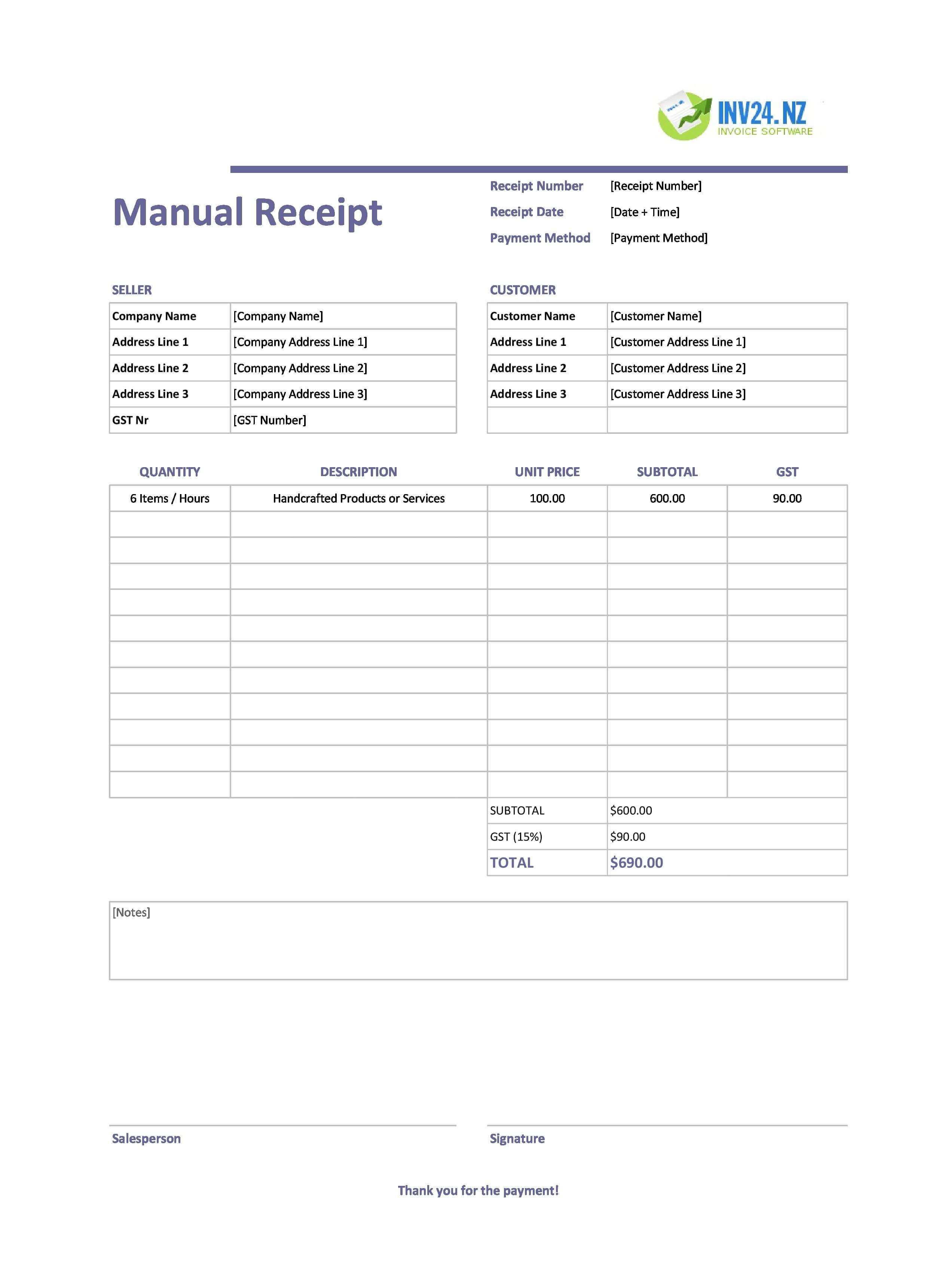 Manual Receipt Template for New Zealand (Excel / Google Sheets)
