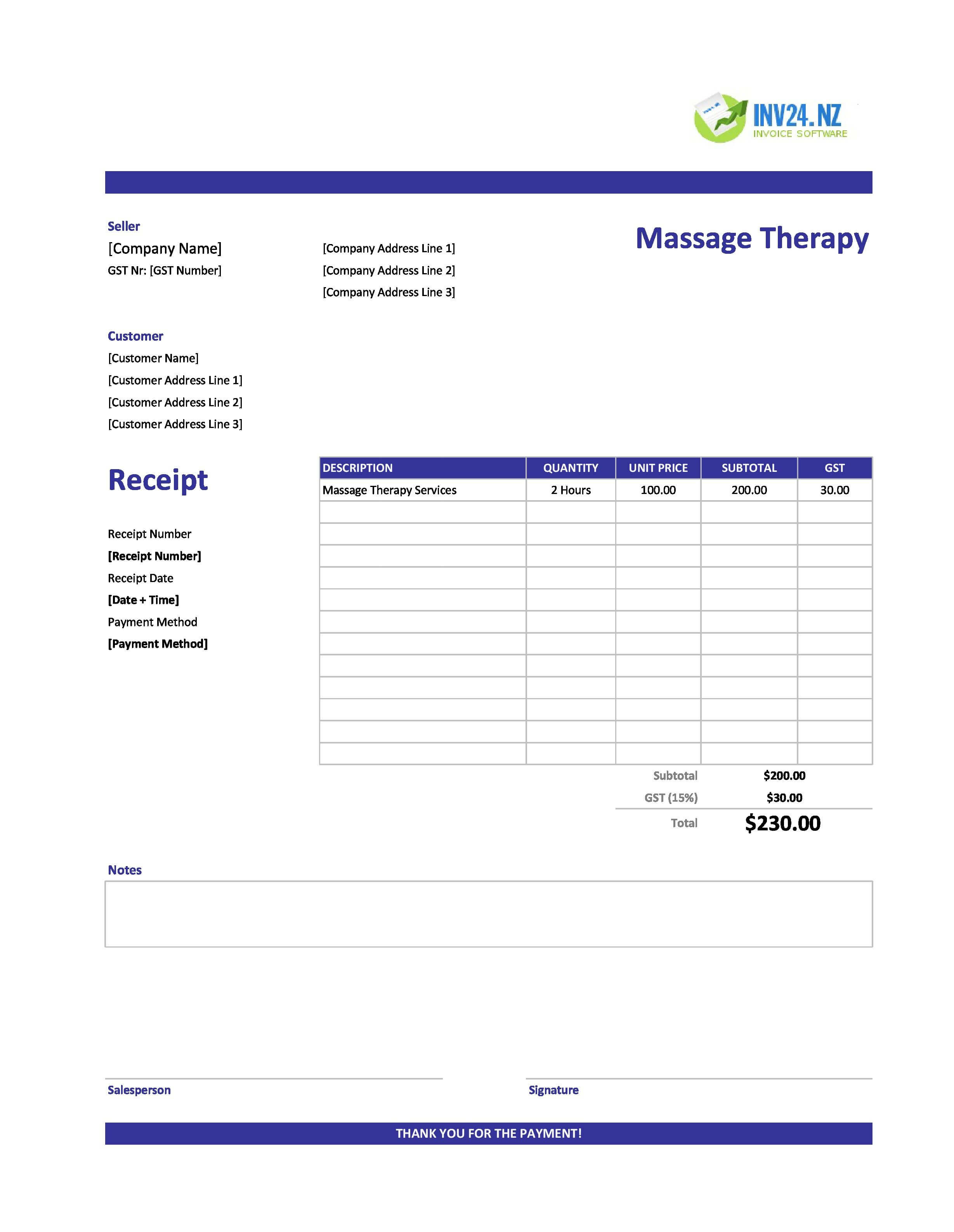 Massage Therapy Receipt Template for New Zealand (Excel / Google Sheets)