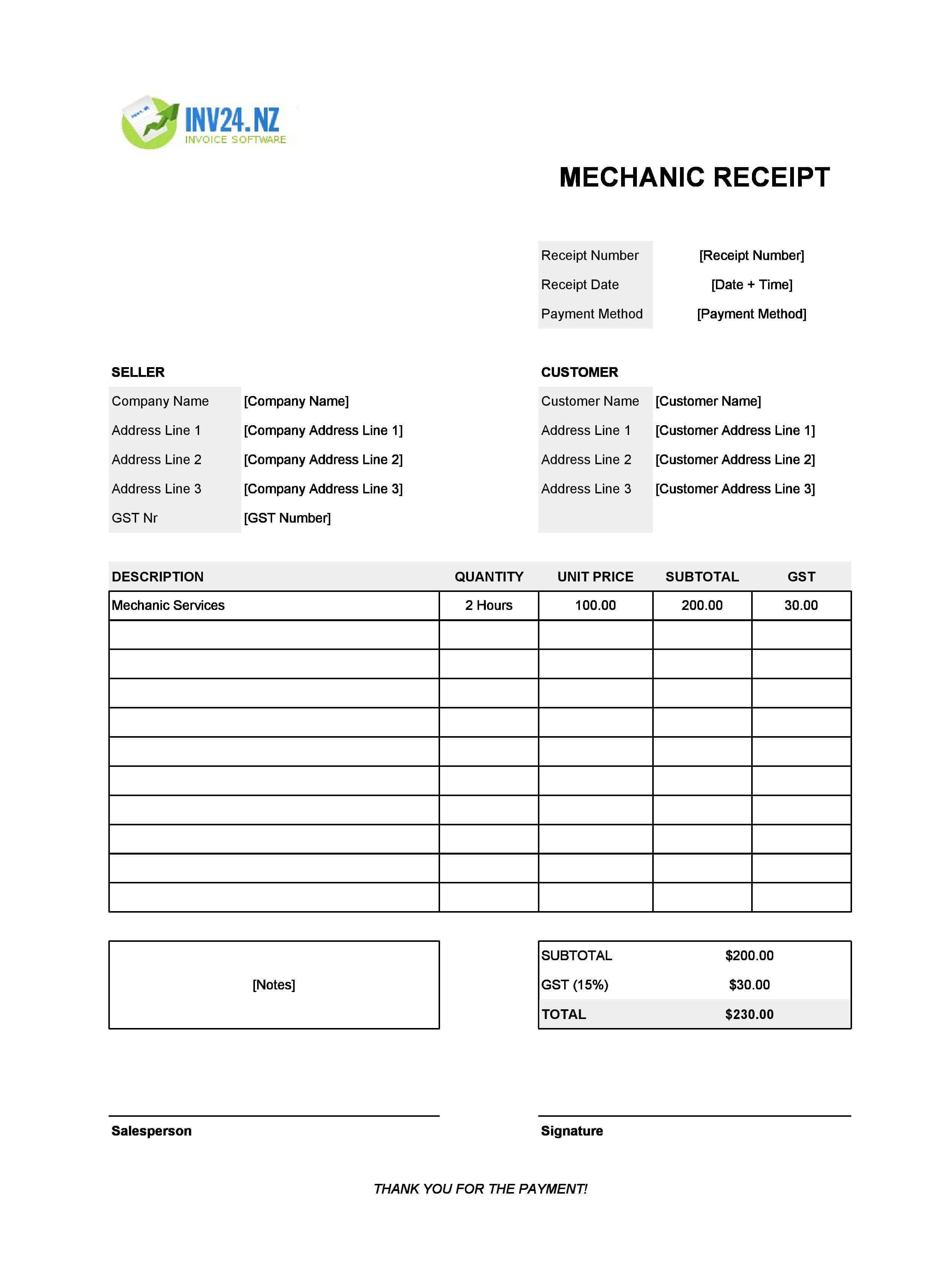 Mechanic Receipt Template for New Zealand (Excel / Google Sheets)
