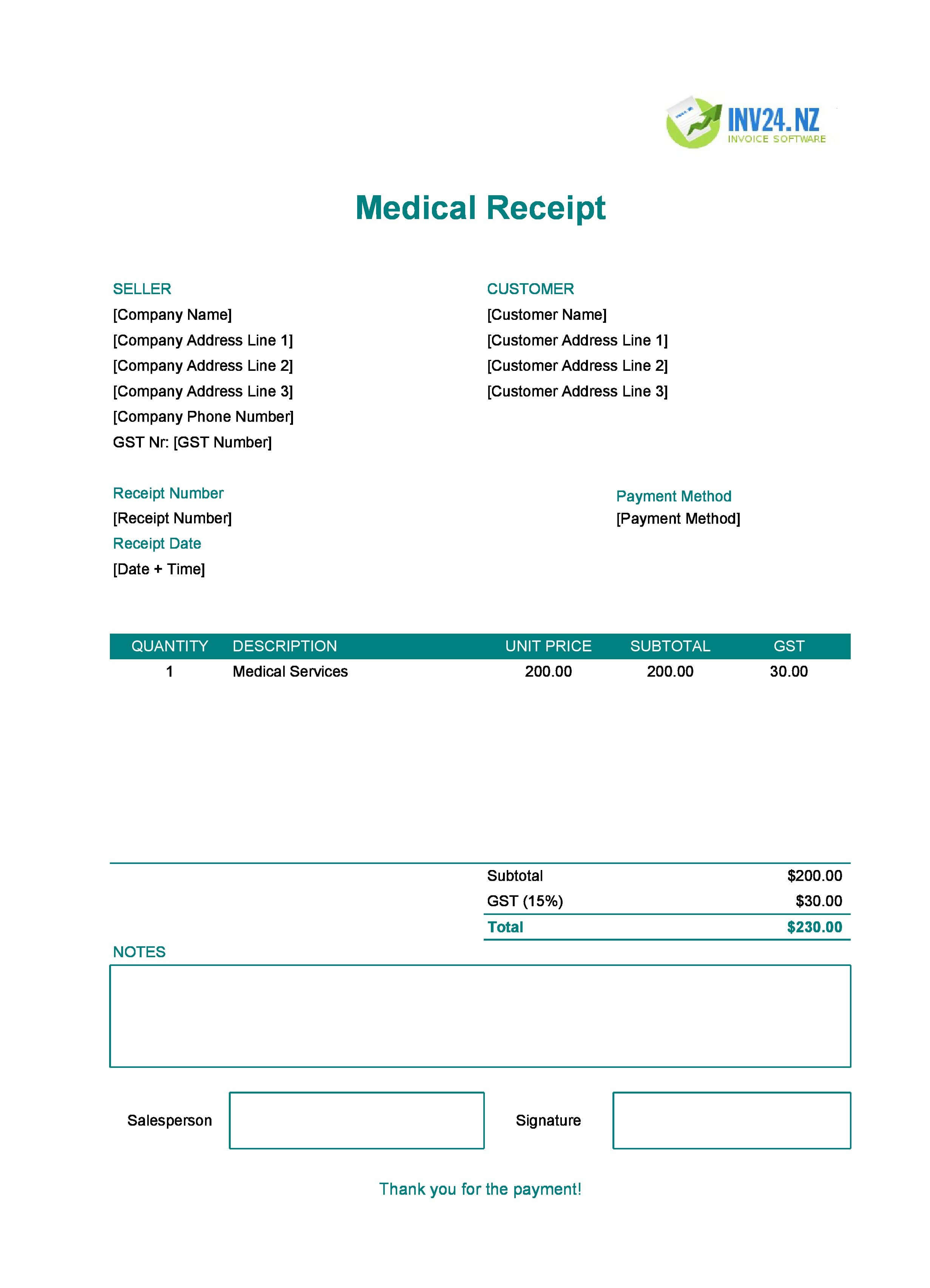 Medical Receipt Template for New Zealand (Excel / Google Sheets)