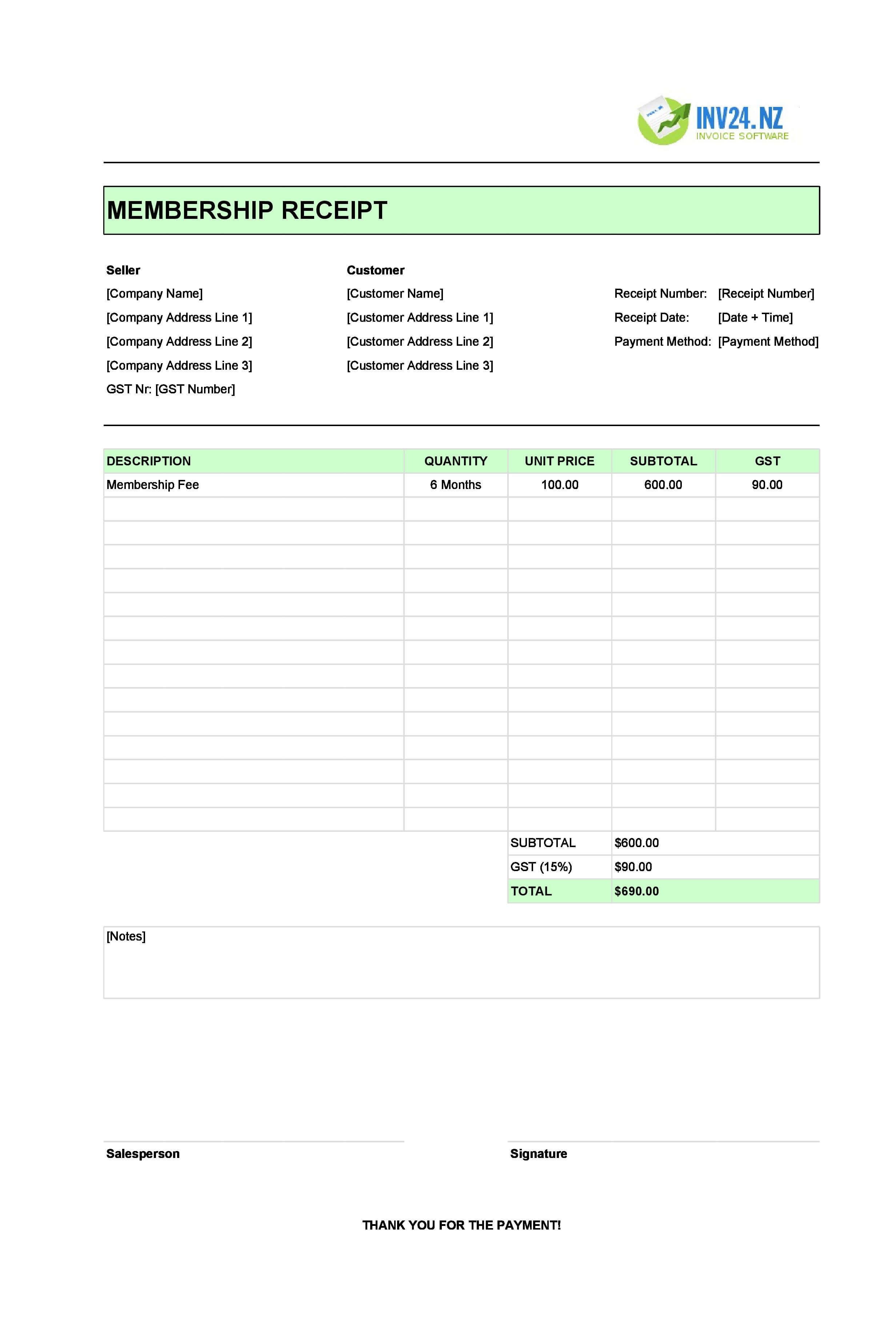 Membership Receipt Template for New Zealand (Excel / Google Sheets)