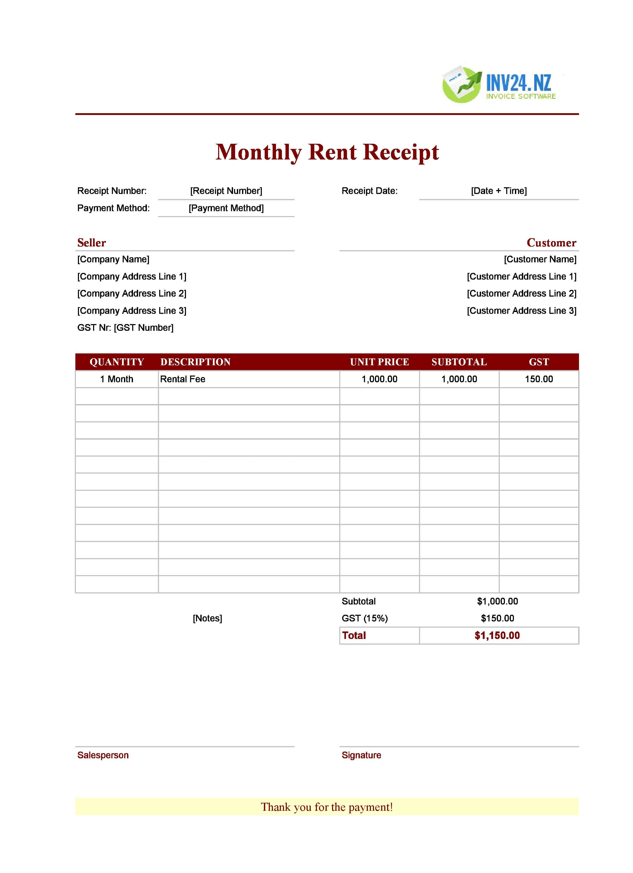 Monthly Rent Receipt Template for New Zealand (Excel / Google Sheets)