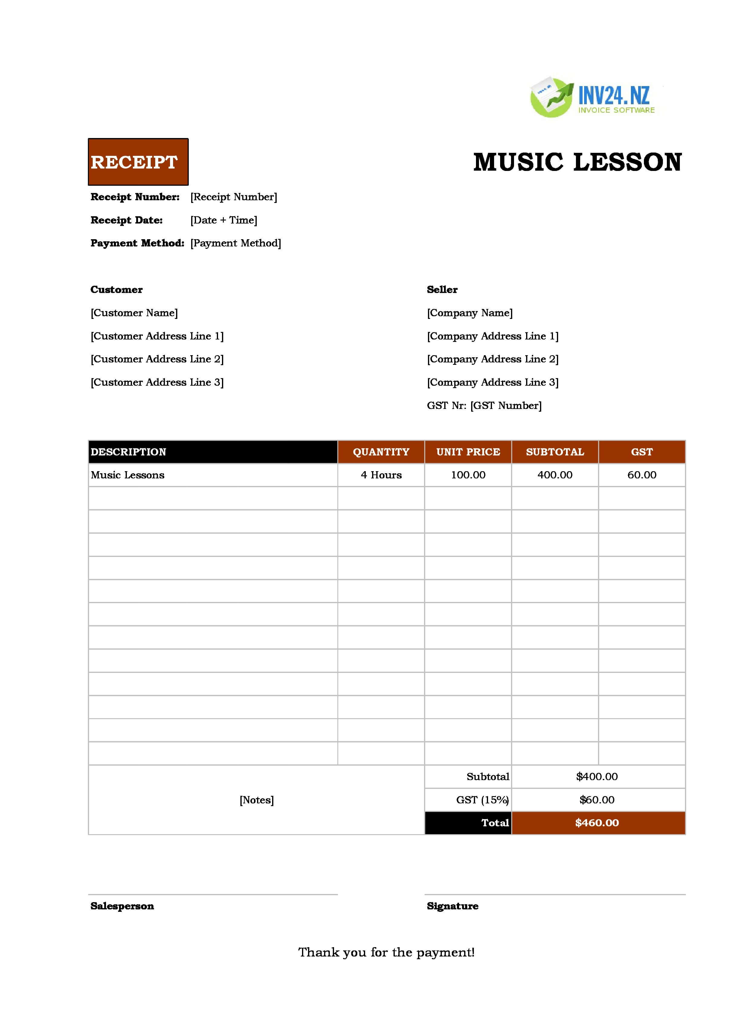 Music Lesson Receipt Template for New Zealand (Excel / Google Sheets)