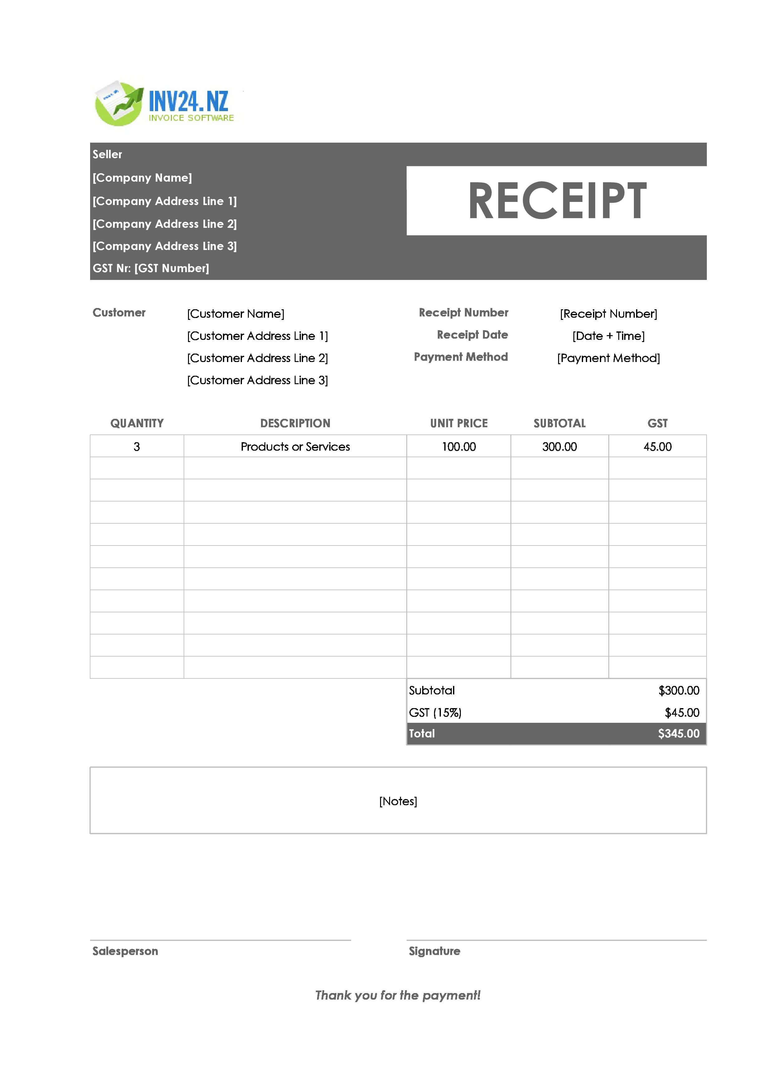 Official Receipt Template for New Zealand (Excel / Google Sheets)
