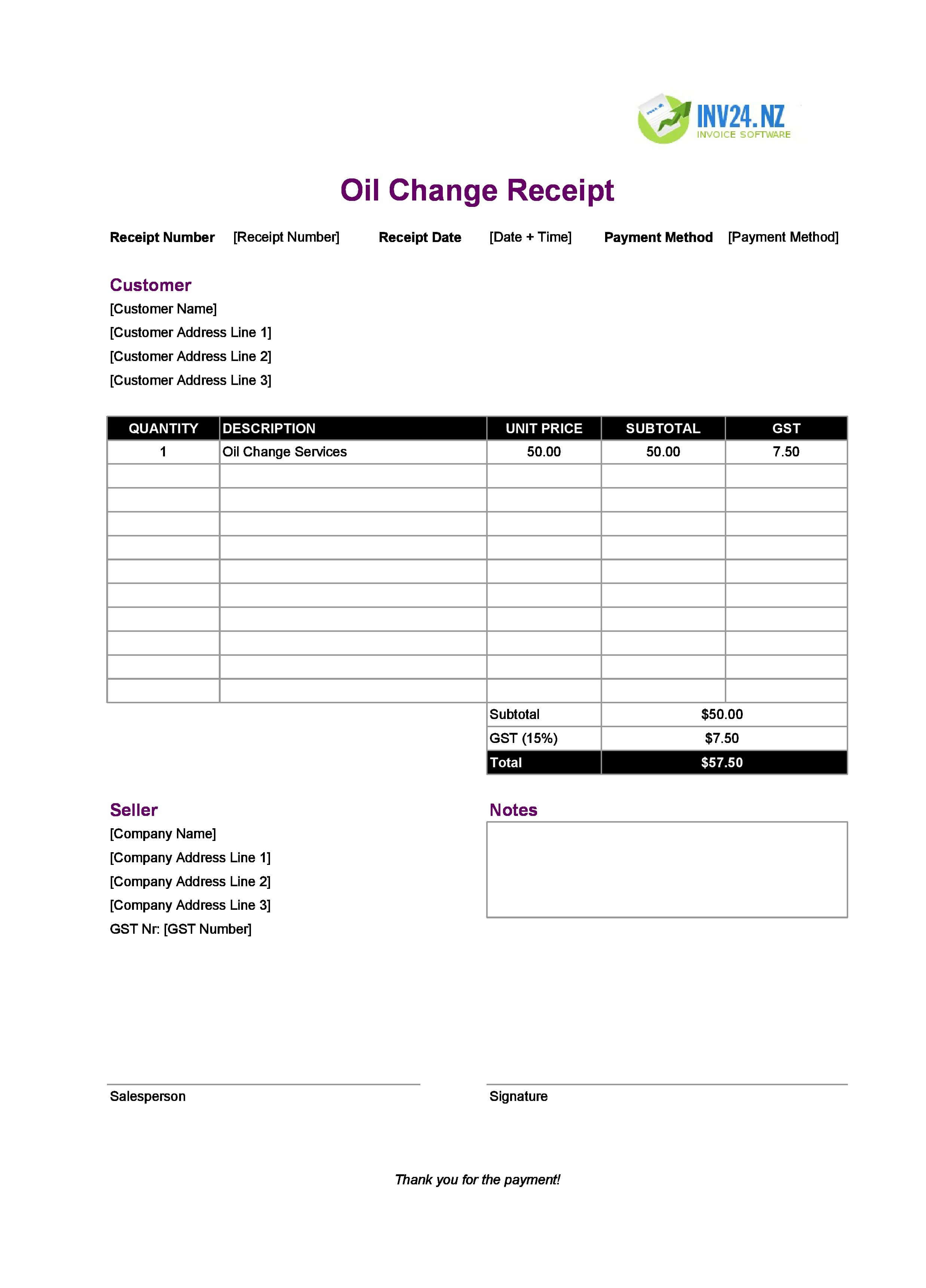 Oil Change Receipt Template for New Zealand (Excel / Google Sheets)
