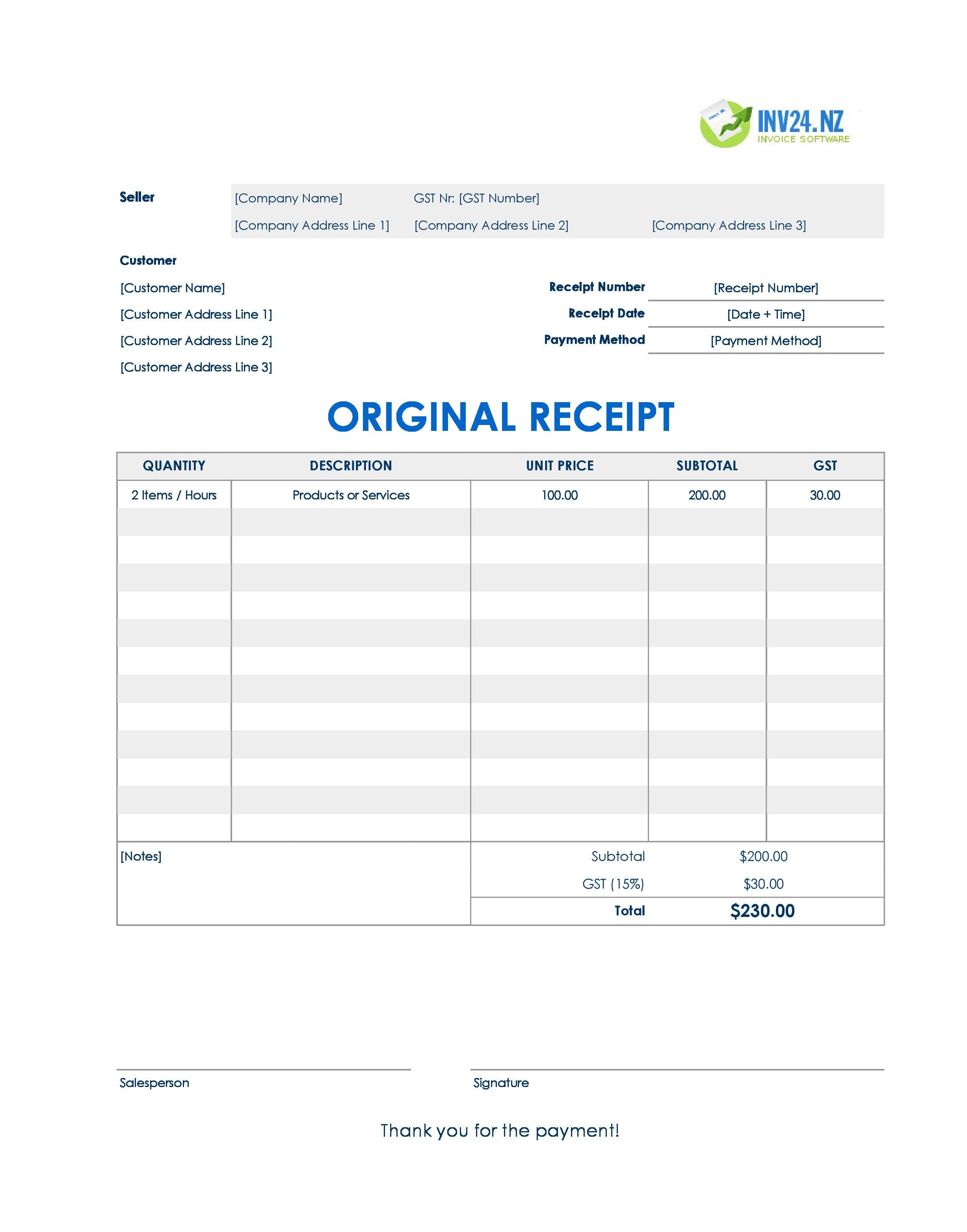 Original Receipt Template for New Zealand (Excel / Google Sheets)