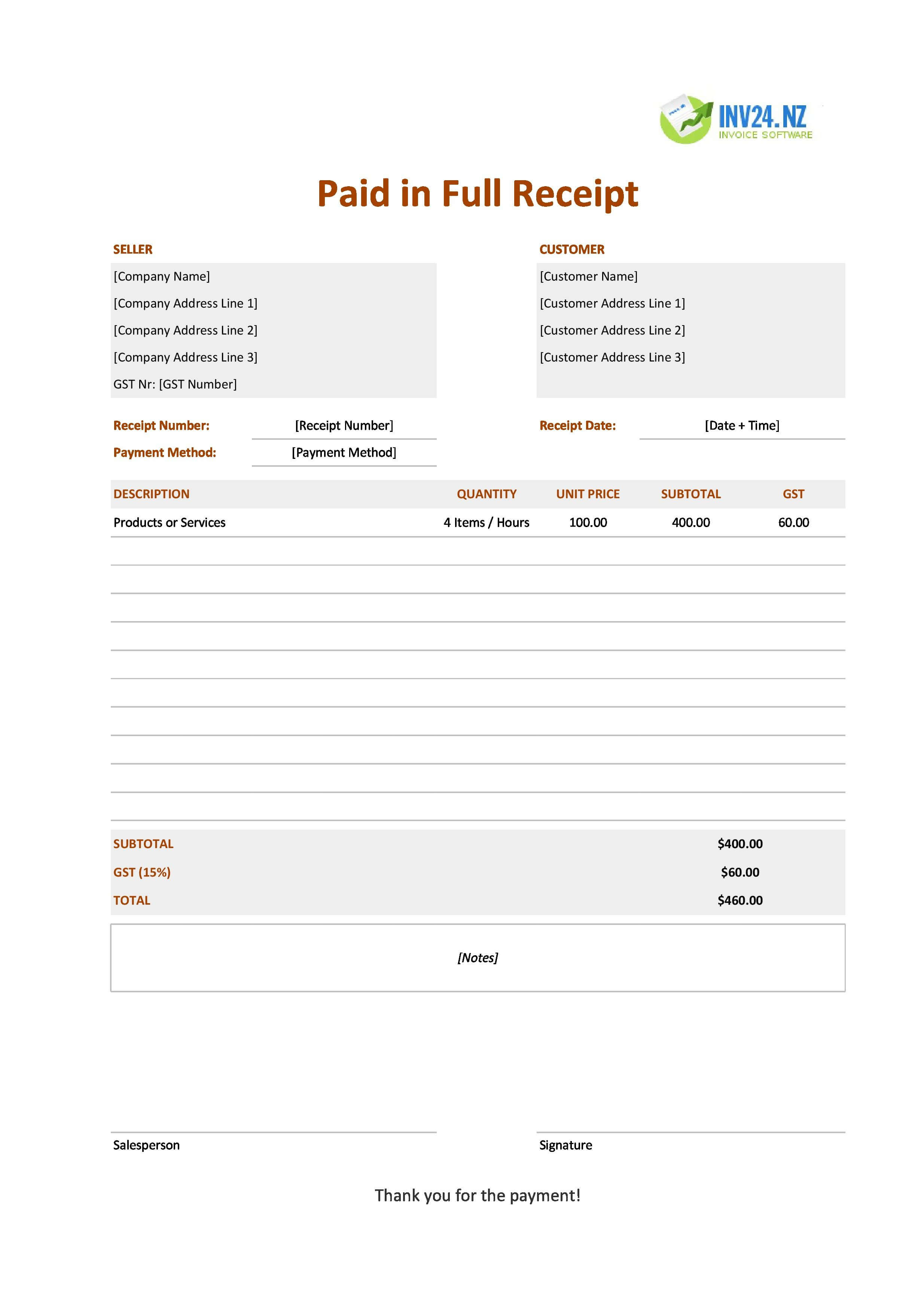 Paid in Full Receipt Template for New Zealand (Excel / Google Sheets)