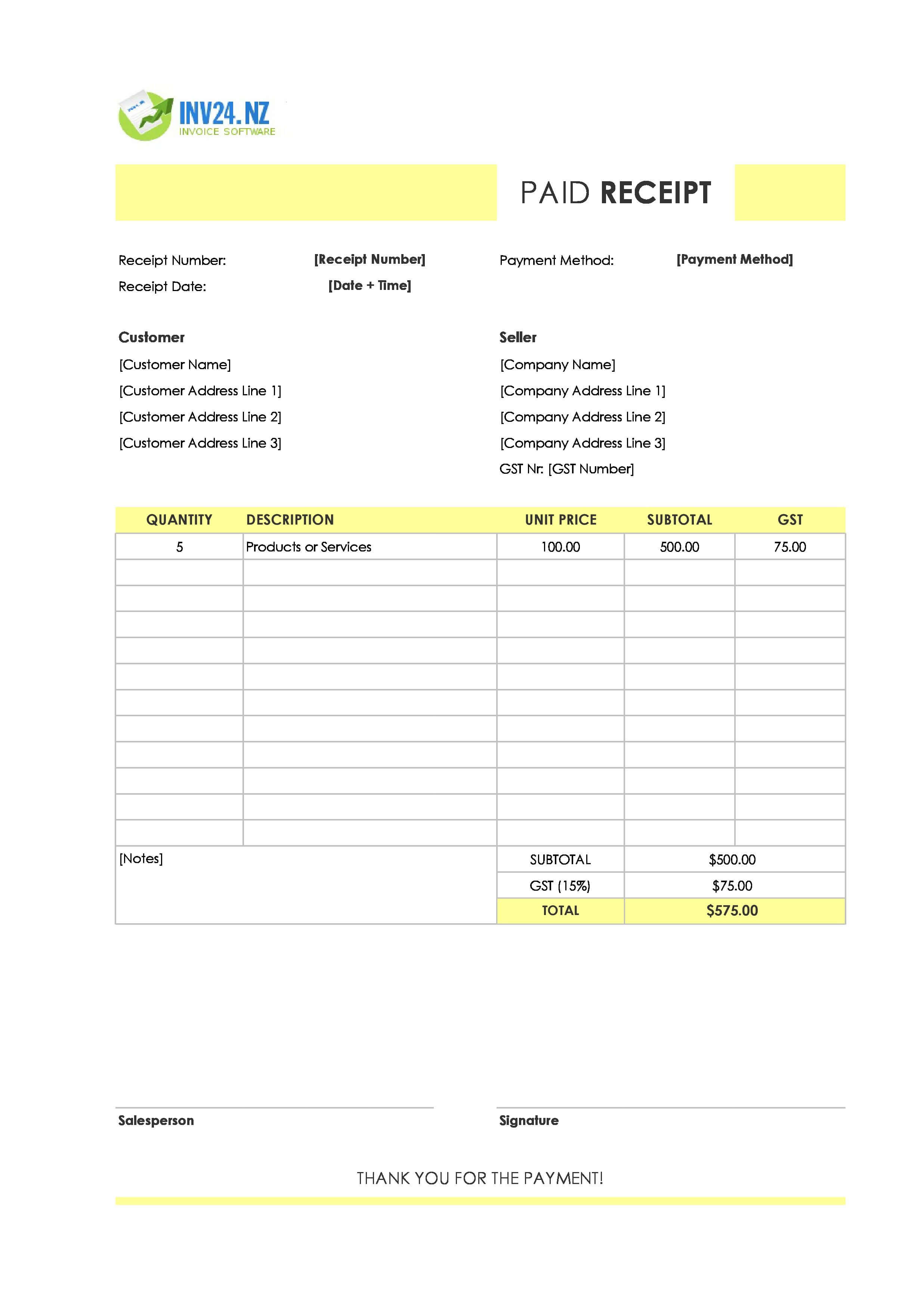 Paid Receipt Template for New Zealand (Excel / Google Sheets)