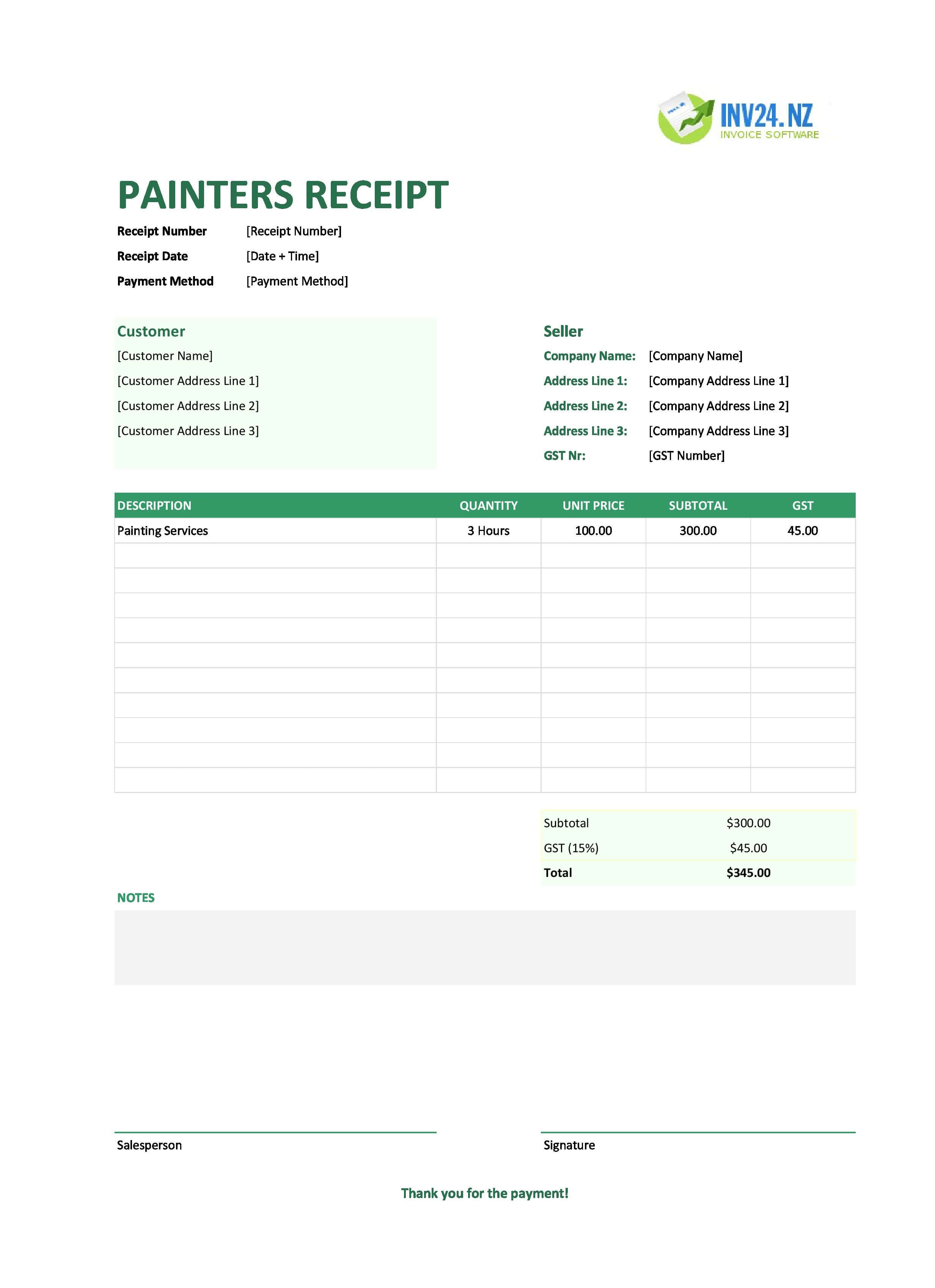 Painters Receipt Template for New Zealand (Excel / Google Sheets)