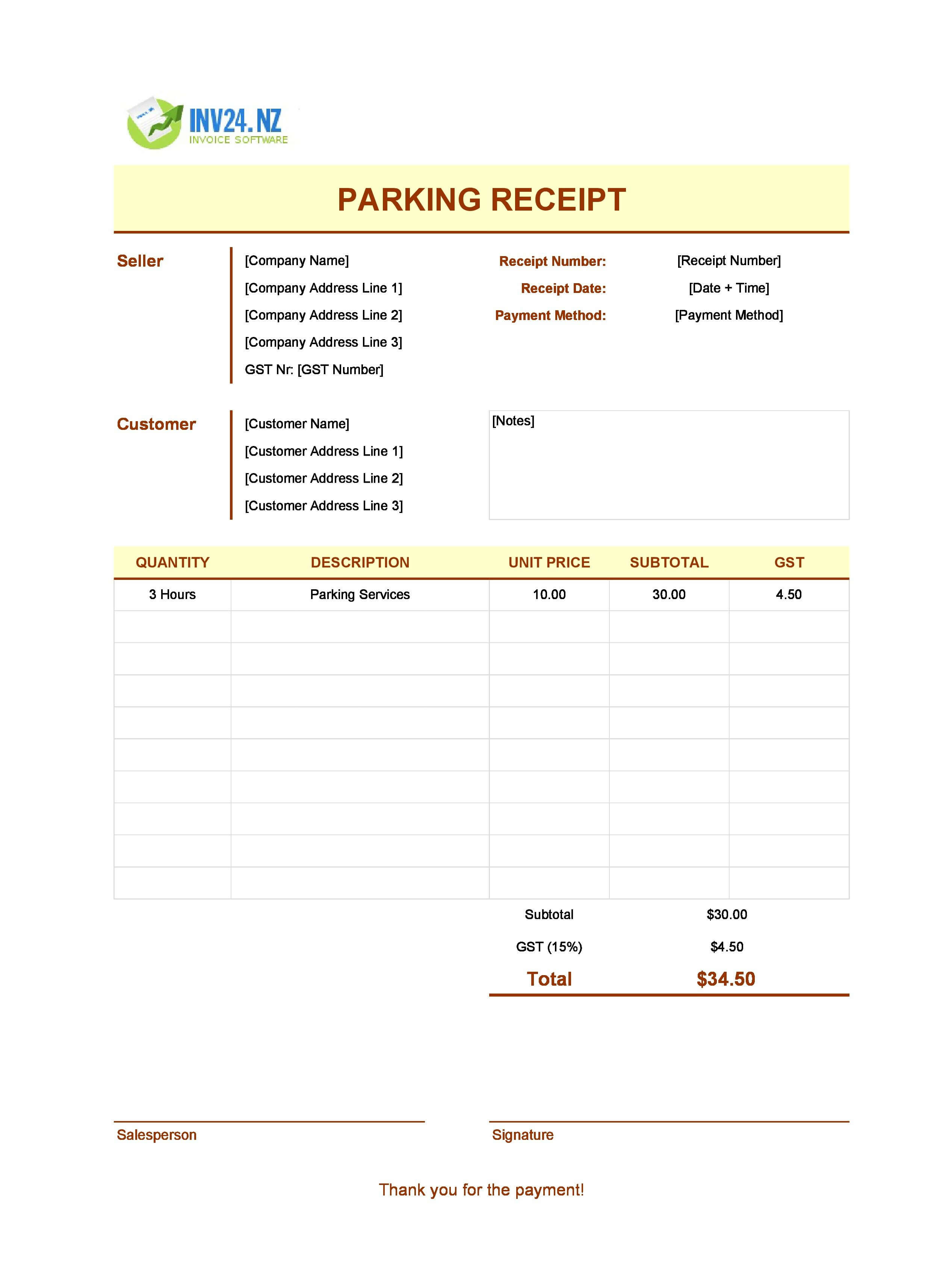 Parking Receipt Template for New Zealand (Excel / Google Sheets)