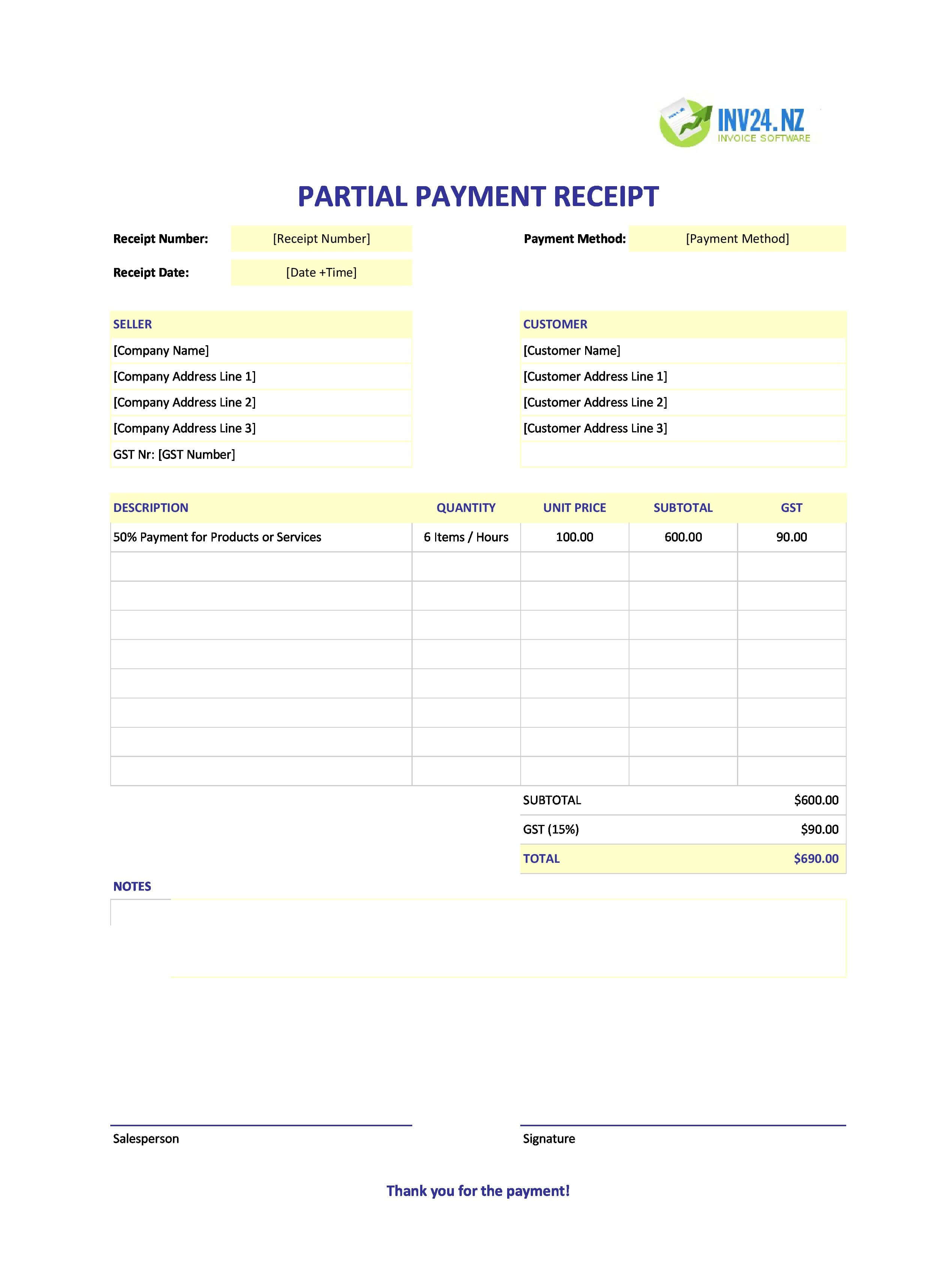 Partial Payment Receipt Template for New Zealand (Excel / Google Sheets)