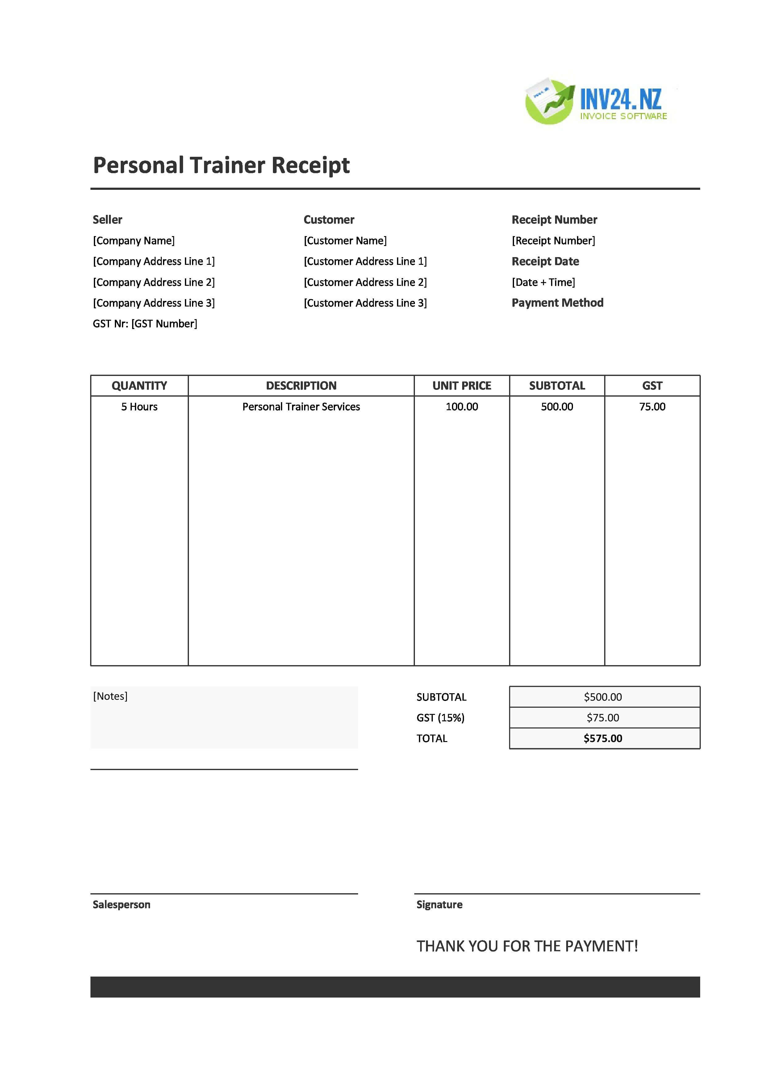 Personal Trainer Receipt Template for New Zealand (Excel / Google Sheets)