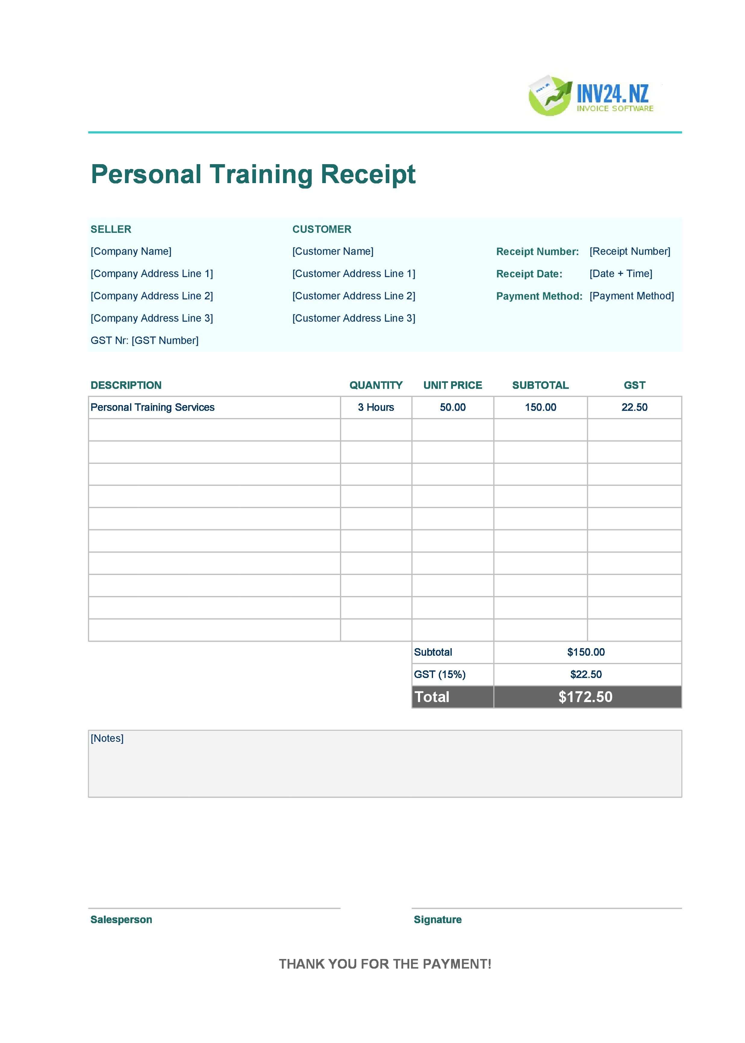 Personal Training Receipt Template for New Zealand (Excel / Google Sheets)