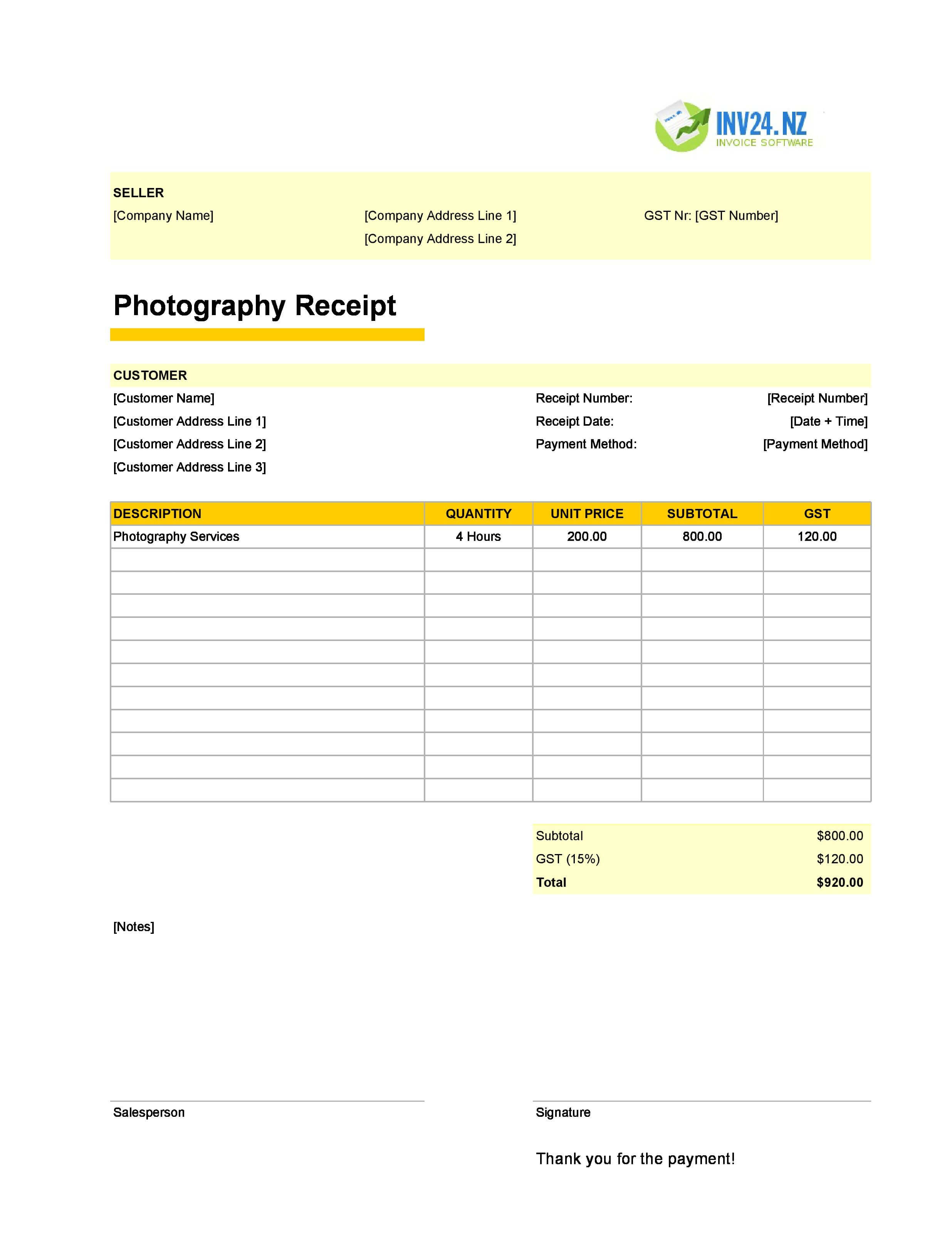 Photography Receipt Template for New Zealand (Excel / Google Sheets)
