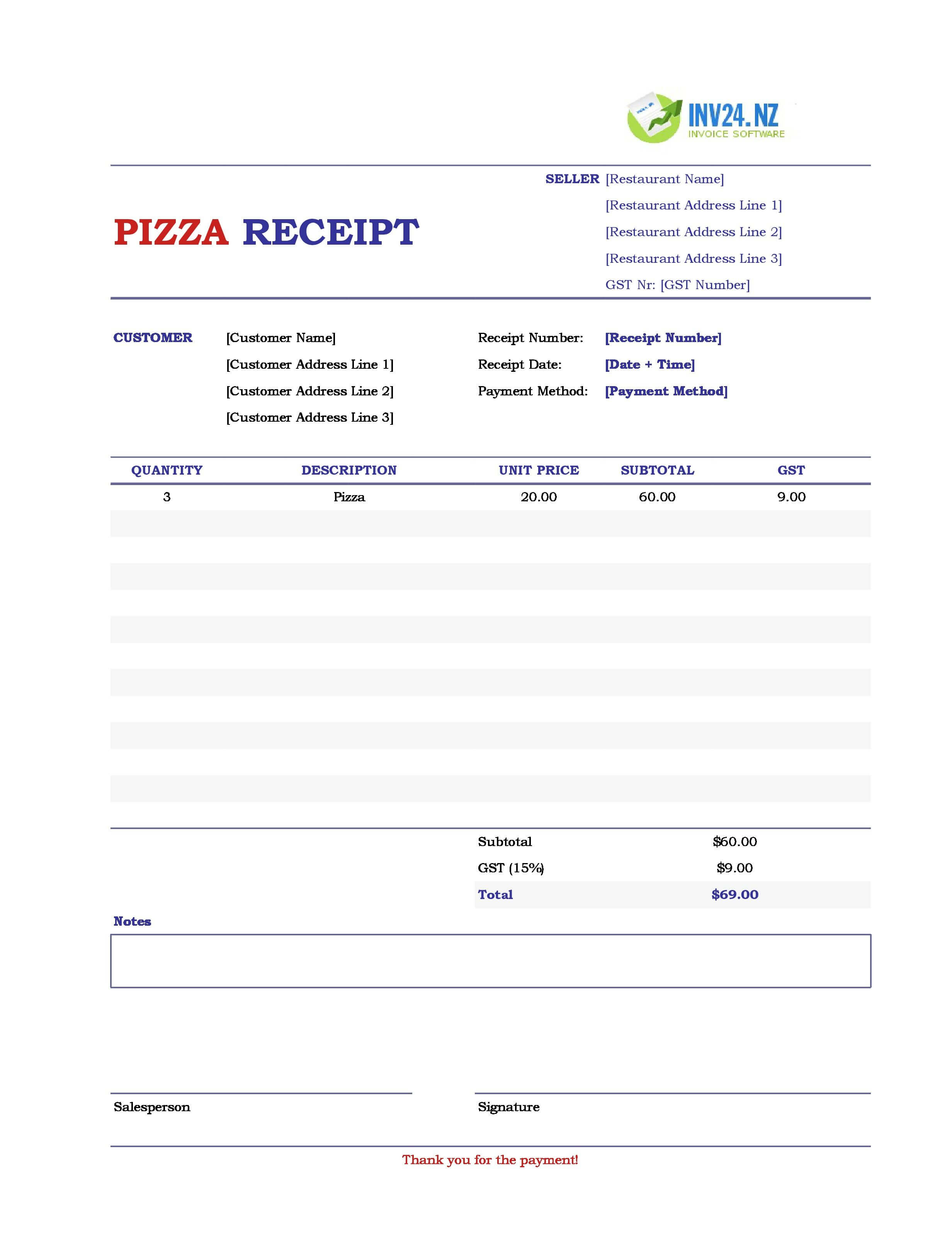 Pizza Receipt Template for New Zealand (Excel / Google Sheets)