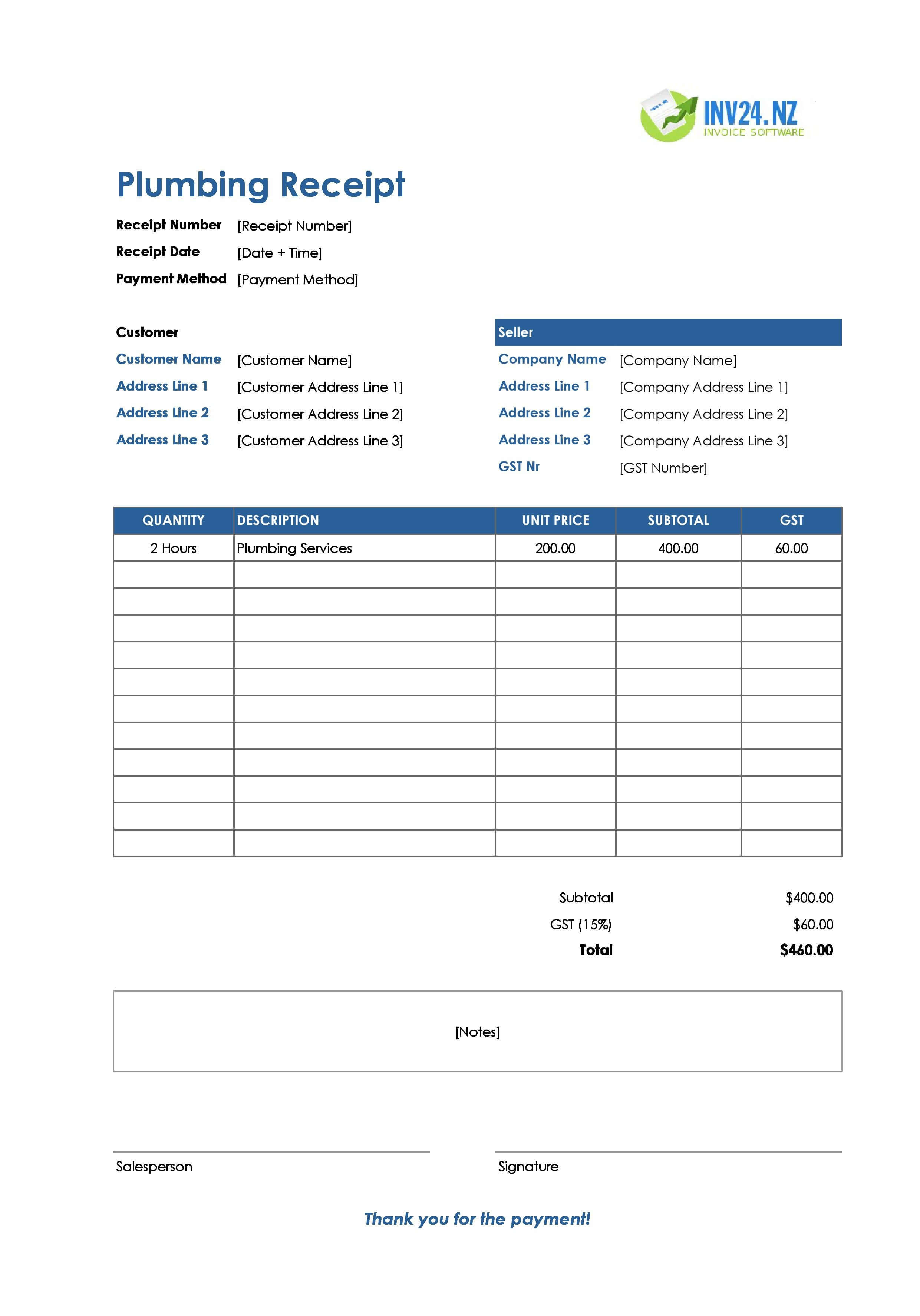 Plumbing Receipt Template for New Zealand (Excel / Google Sheets)