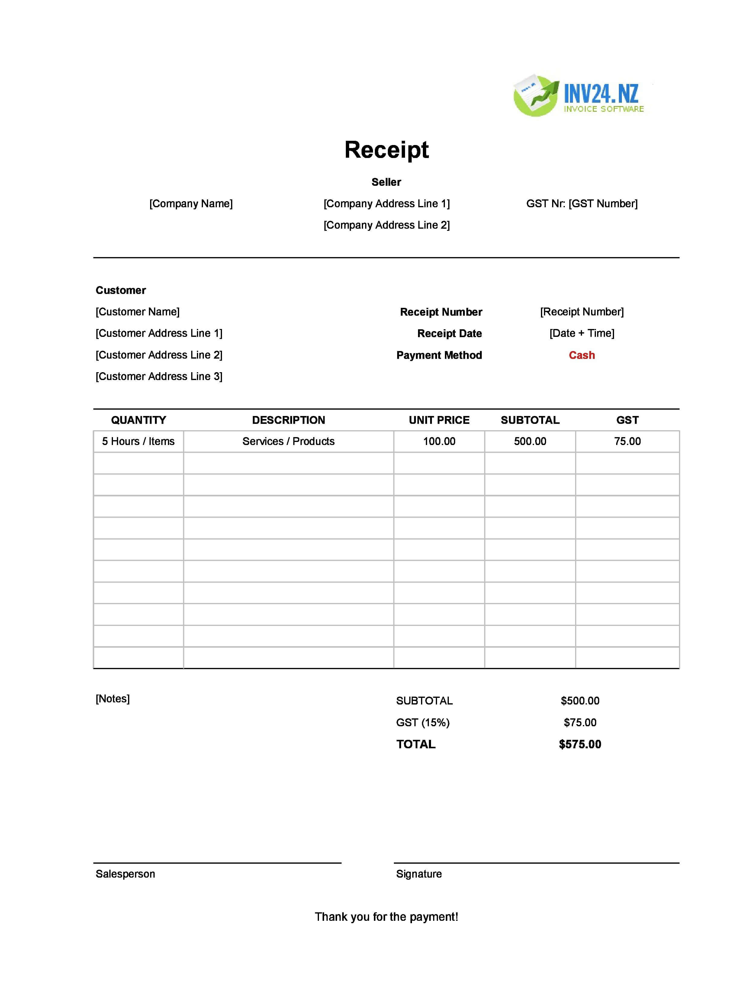 Printable Cash Receipt Template for New Zealand (Excel / Google Sheets)