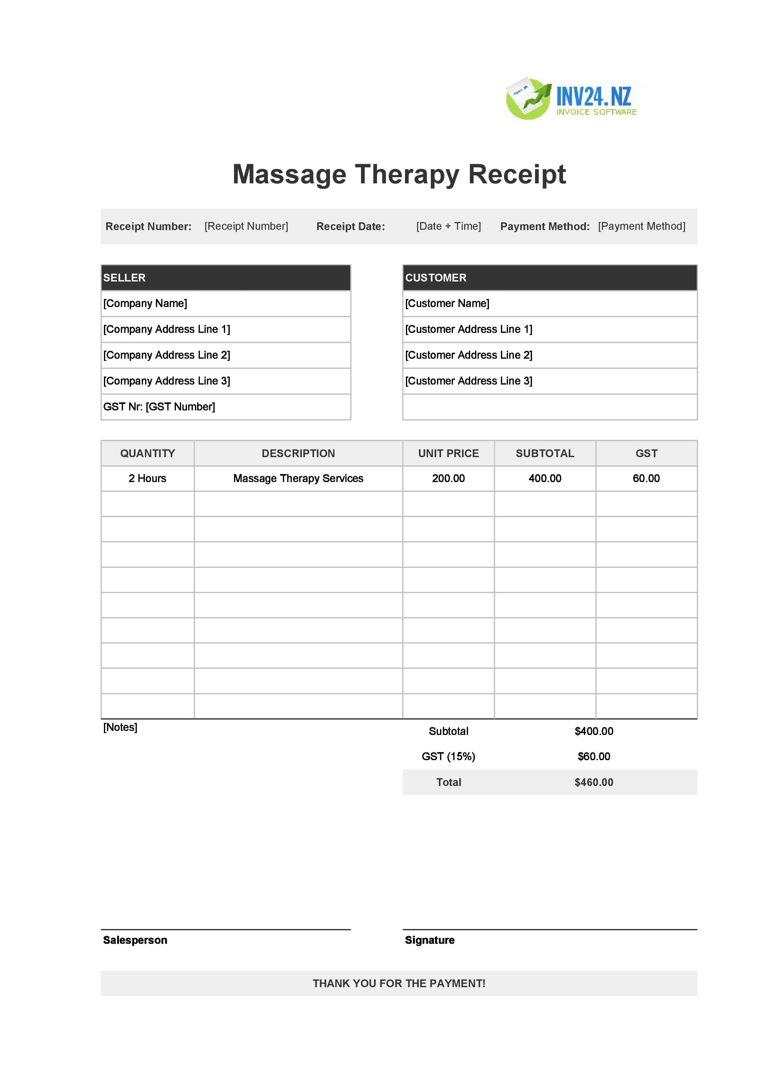 Printable Massage Therapy Receipt Template for New Zealand (Excel / Google Sheets)