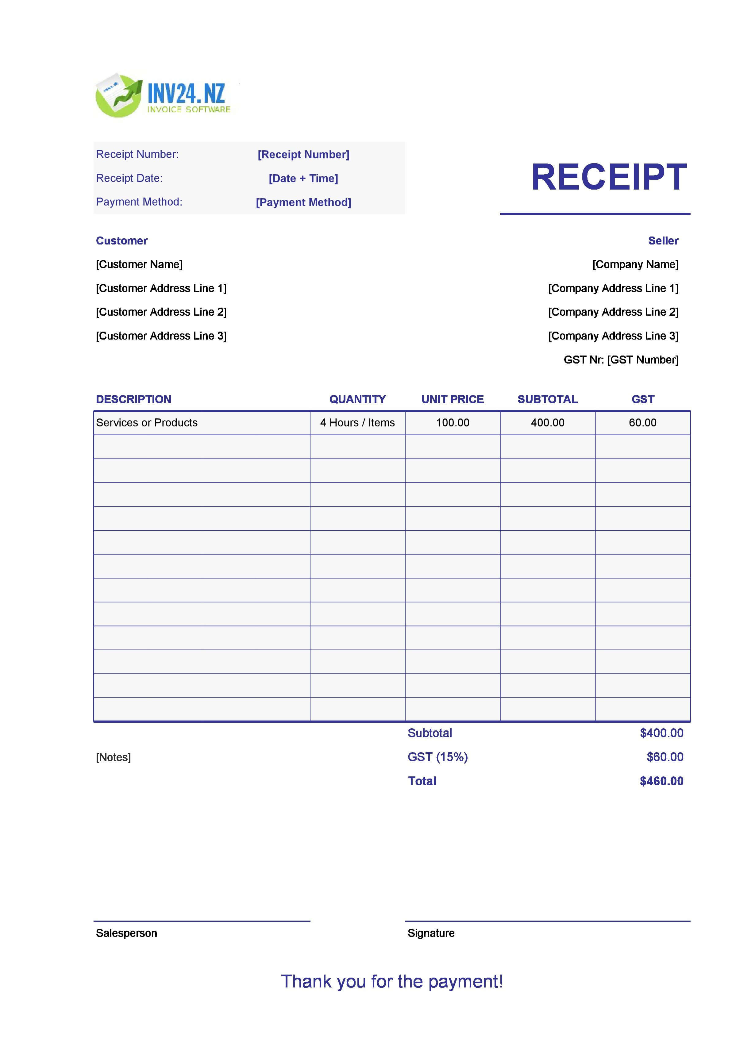 Printable Payment Receipt Template for New Zealand (Excel / Google Sheets)