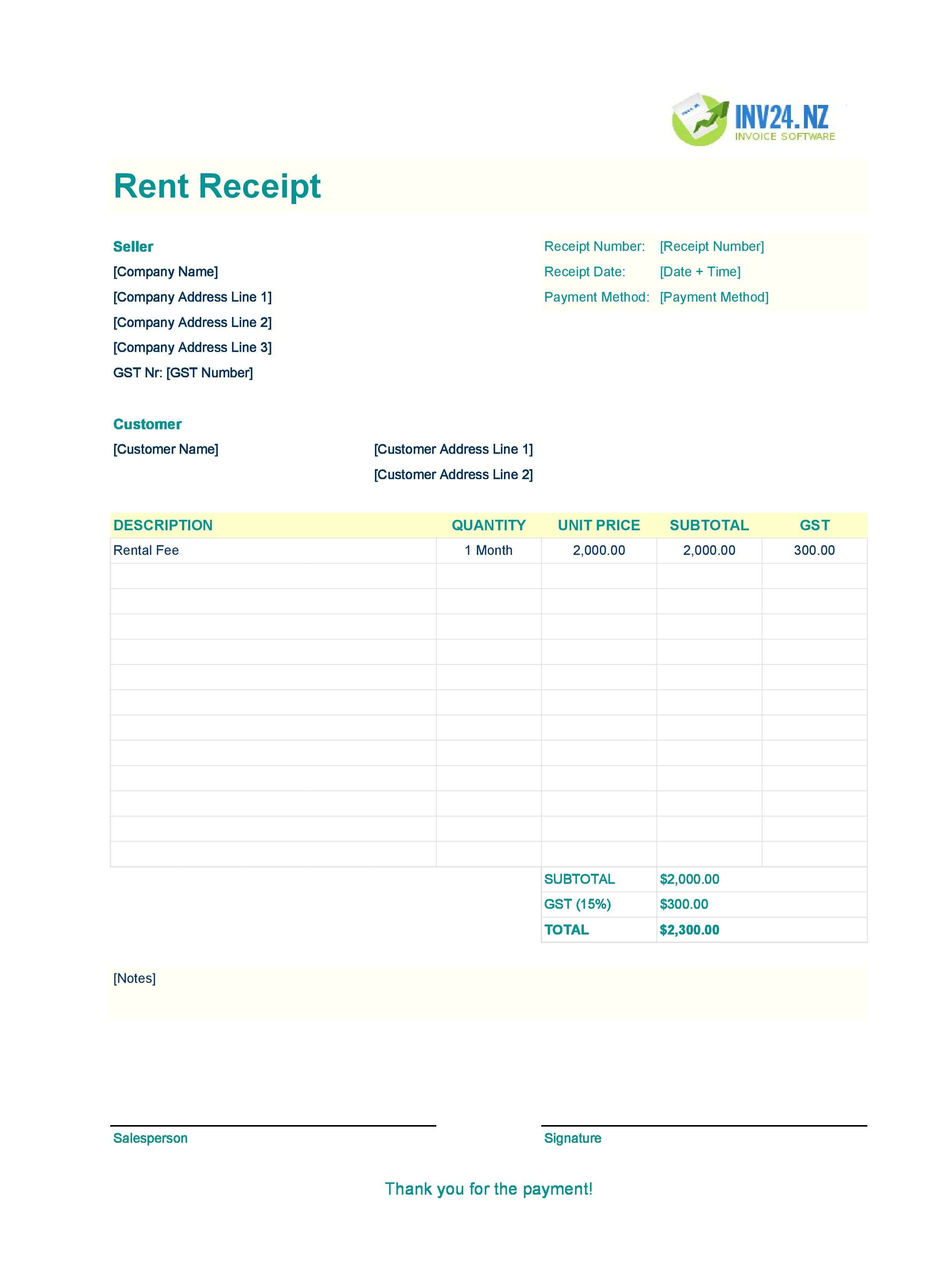 Printable Rent Receipt Template for New Zealand (Excel / Google Sheets)