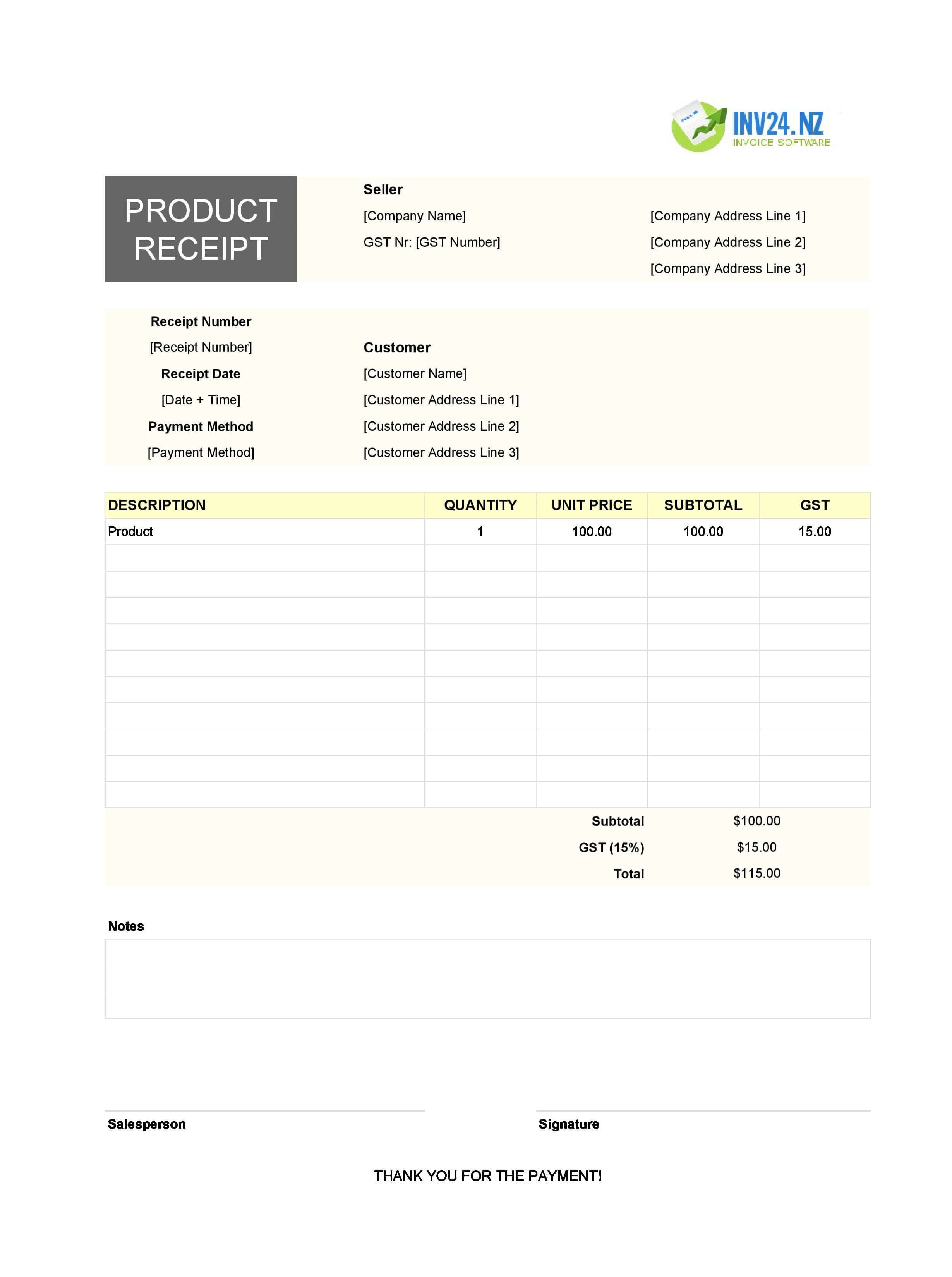 Product Receipt Template for New Zealand (Excel / Google Sheets)