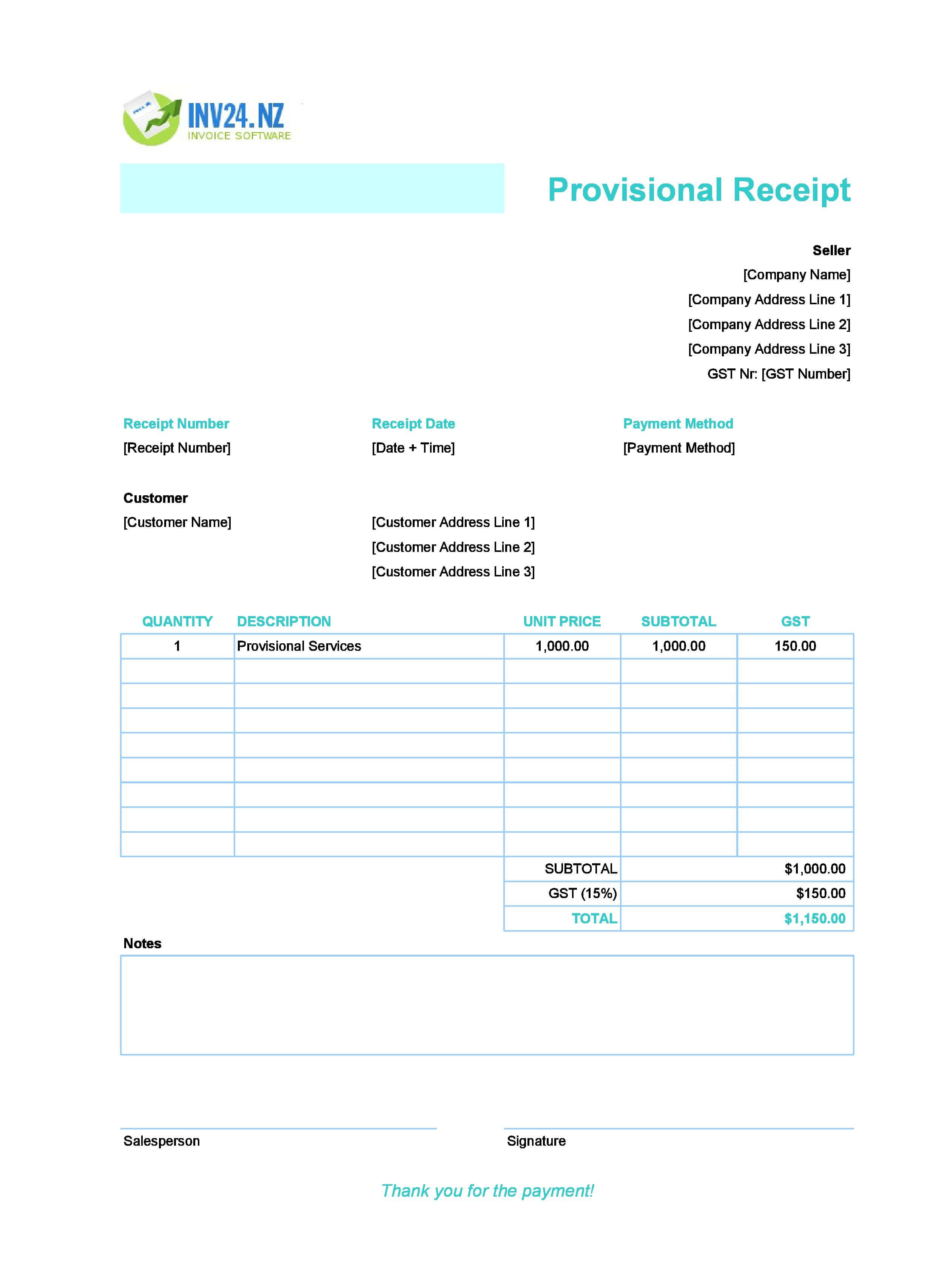 Provisional Receipt Template for New Zealand (Excel / Google Sheets)