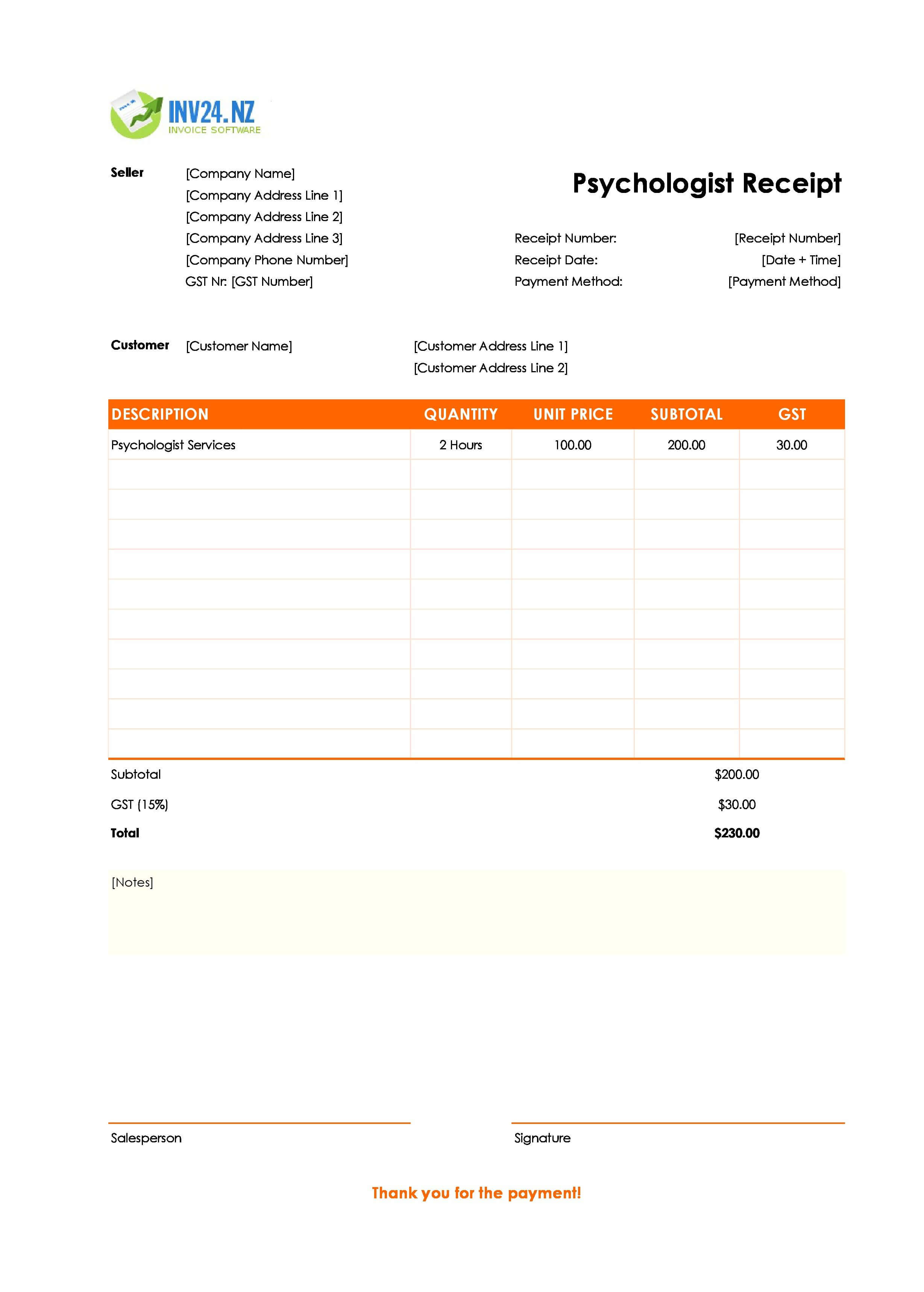 Psychologist Receipt Template for New Zealand (Excel / Google Sheets)