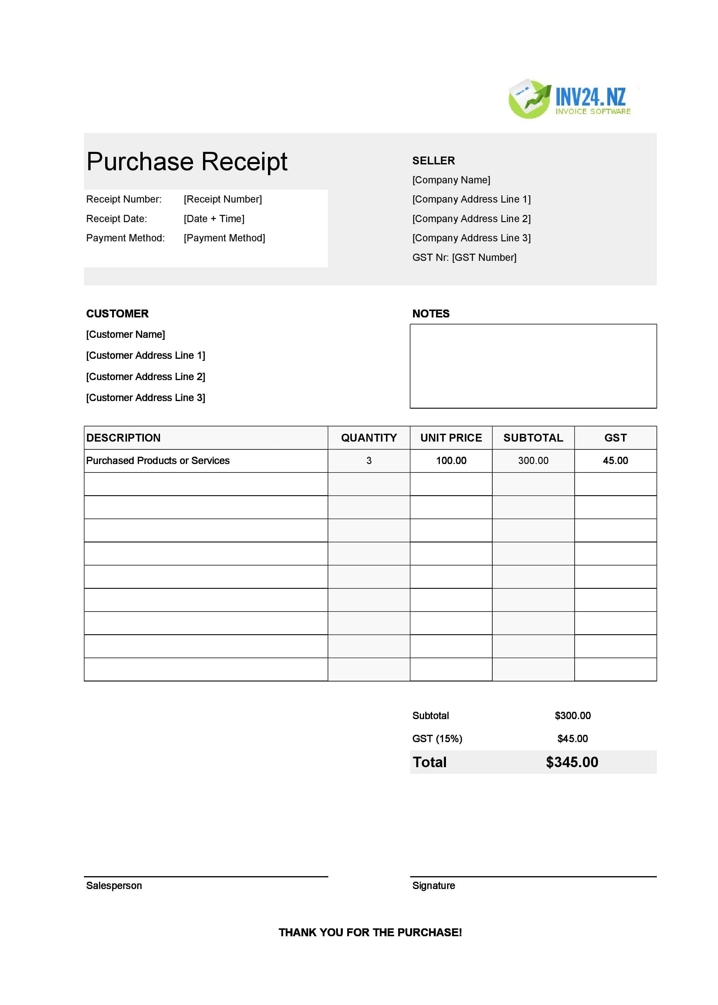 Purchase Receipt Template for New Zealand (Excel / Google Sheets)