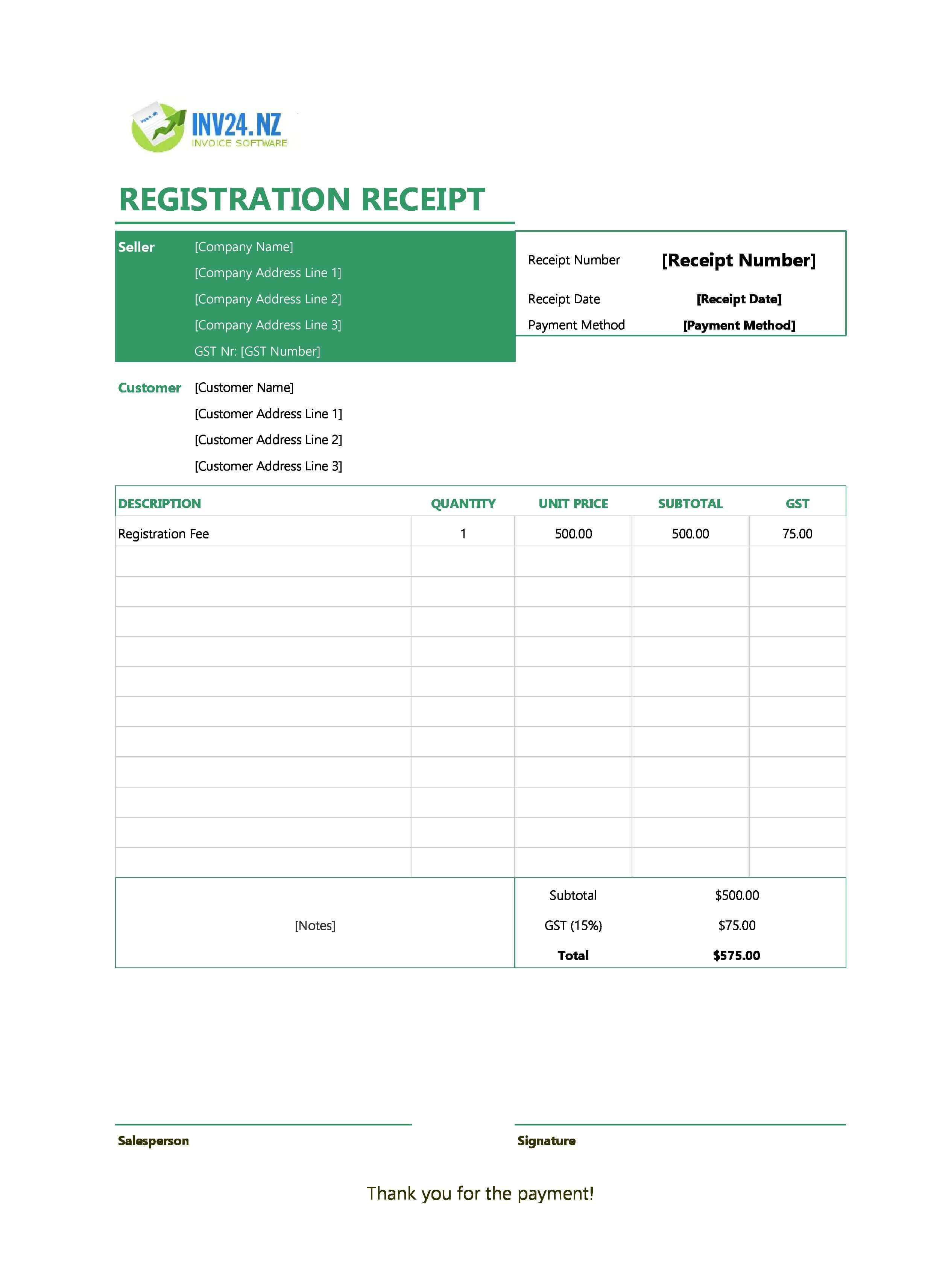 Registration Receipt Template for New Zealand (Excel / Google Sheets)