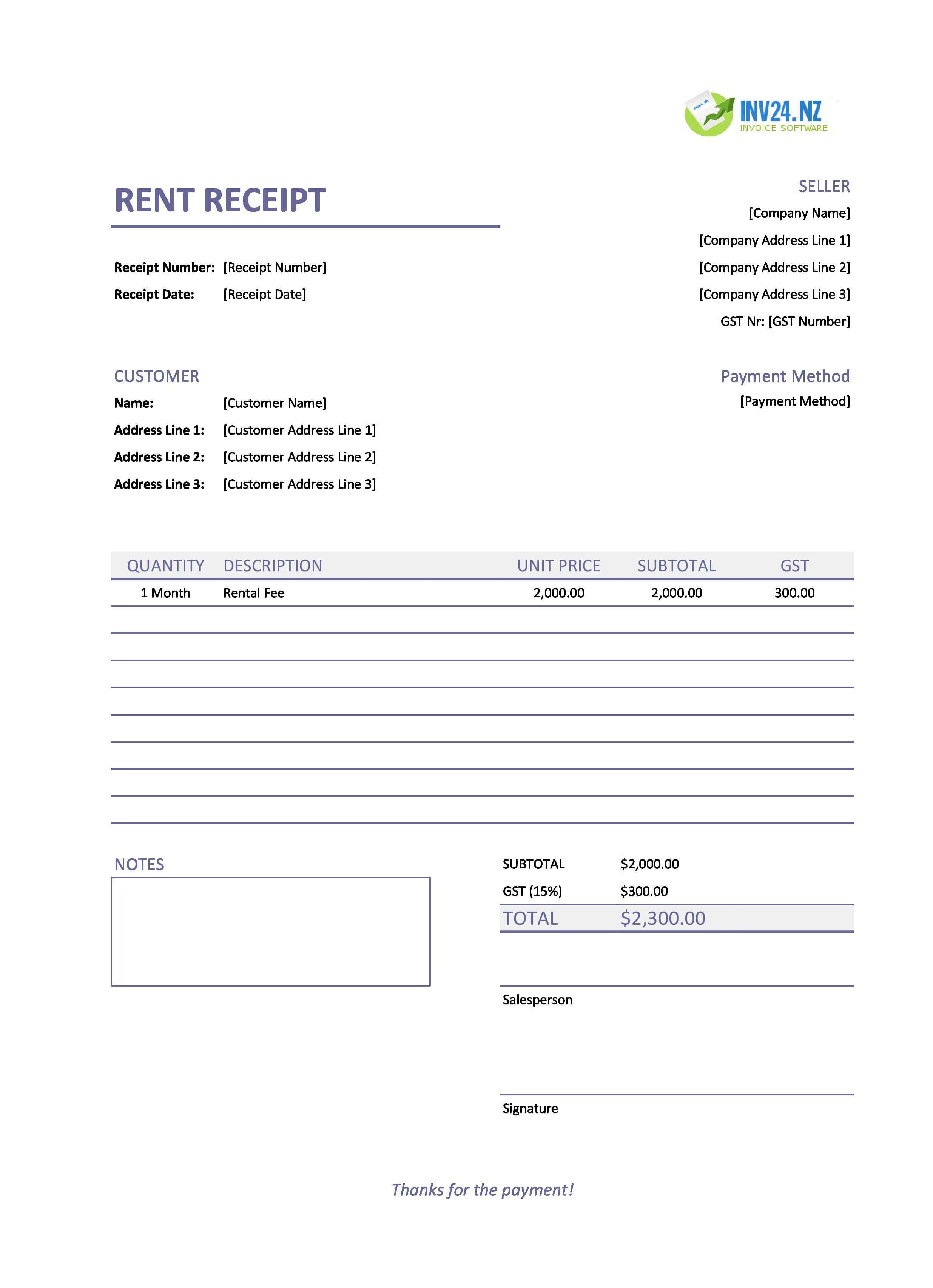 Rent Receipt Template for New Zealand (Excel / Google Sheets)