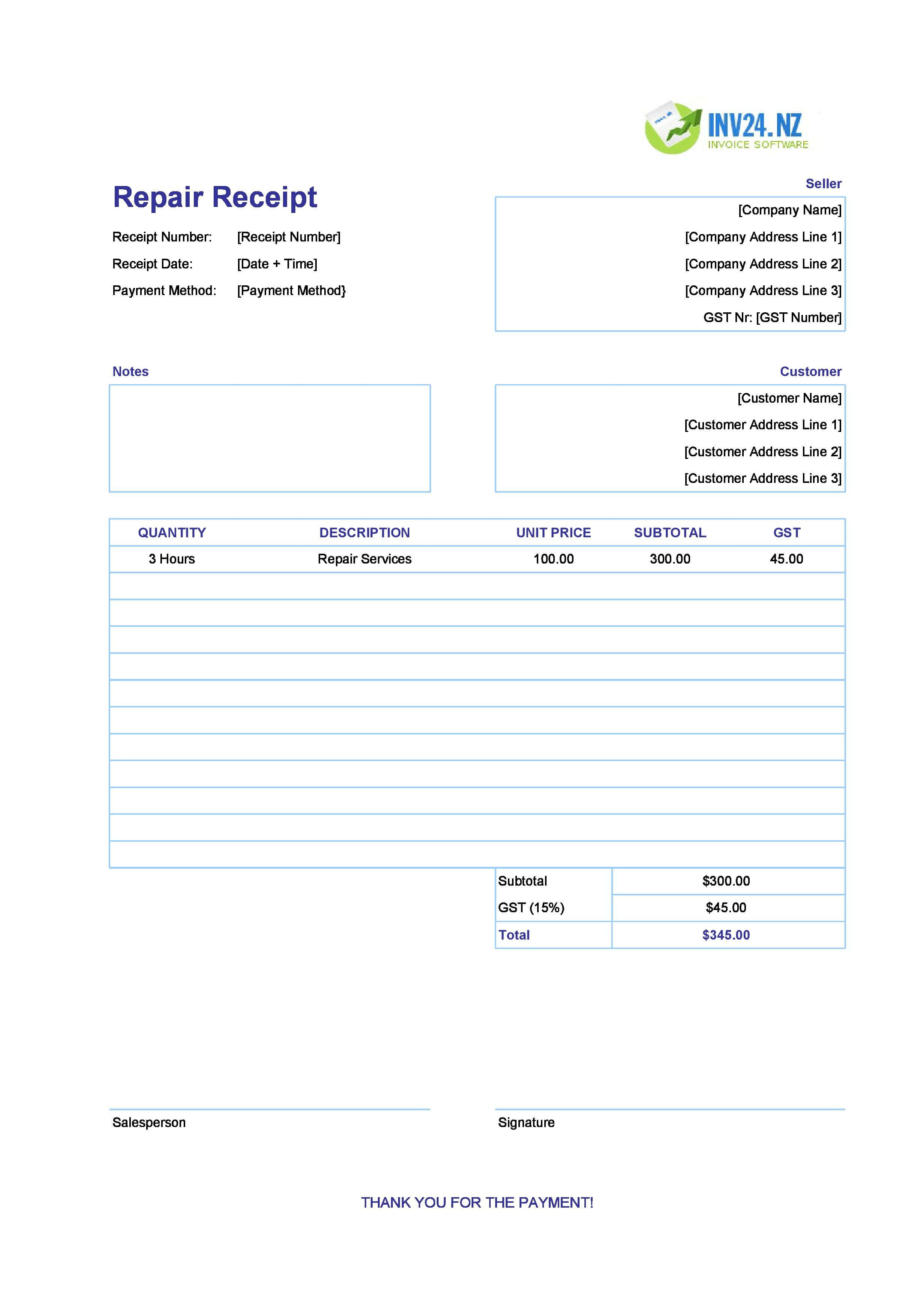 Repair Receipt Template for New Zealand (Excel / Google Sheets)