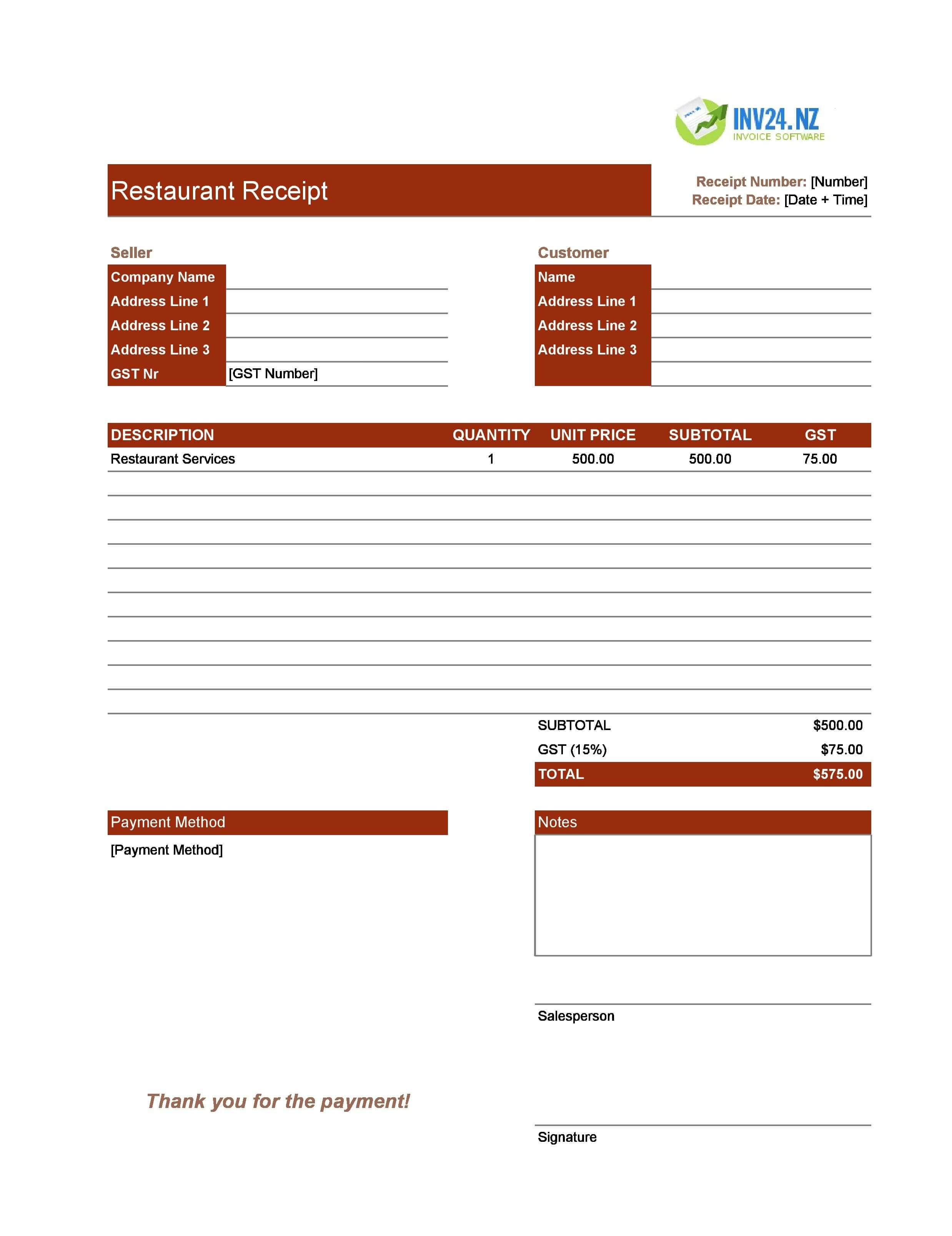 Restaurant Receipt Template for New Zealand (Excel / Google Sheets)