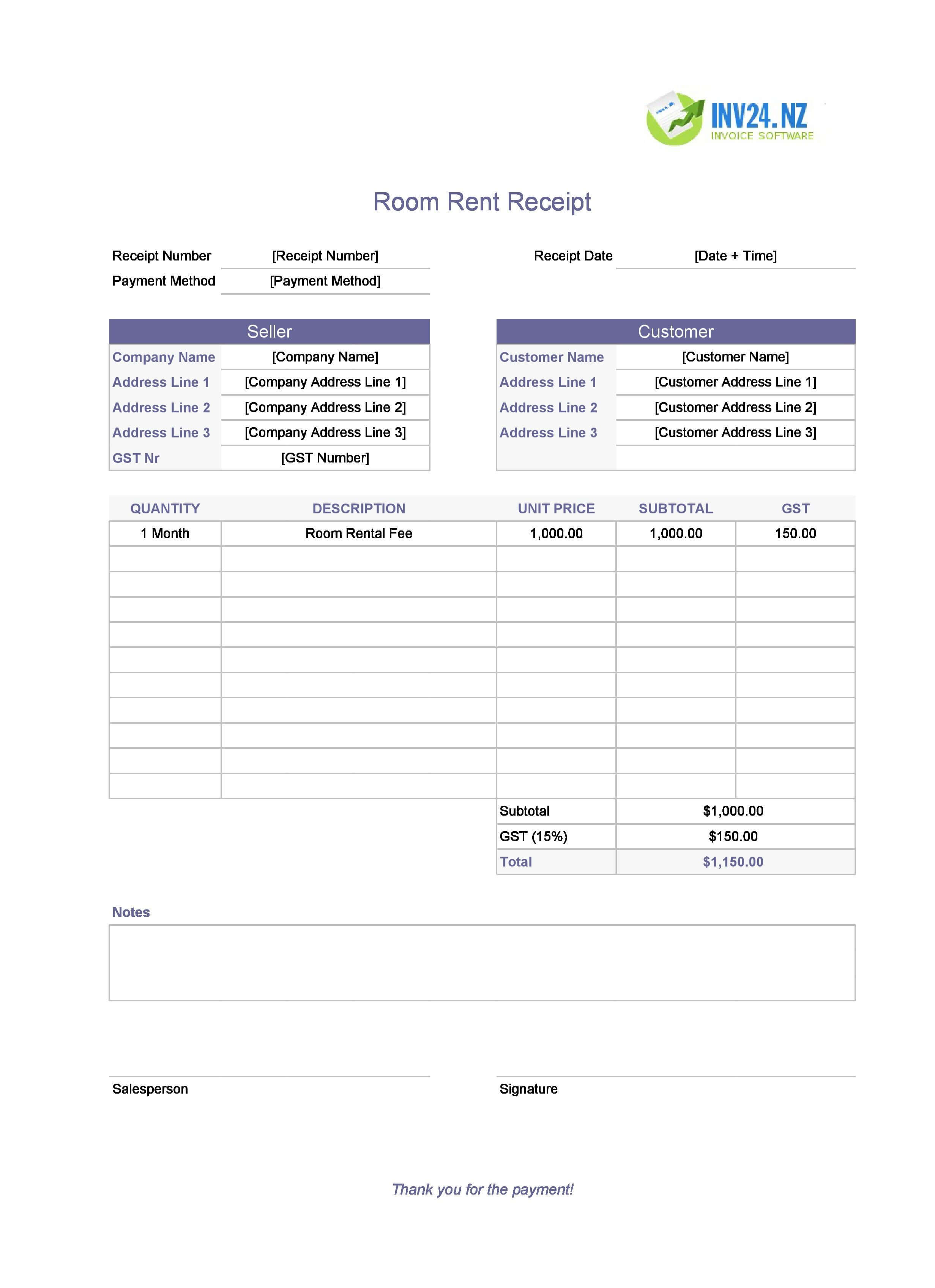Room Rent Receipt Template for New Zealand (Excel / Google Sheets)