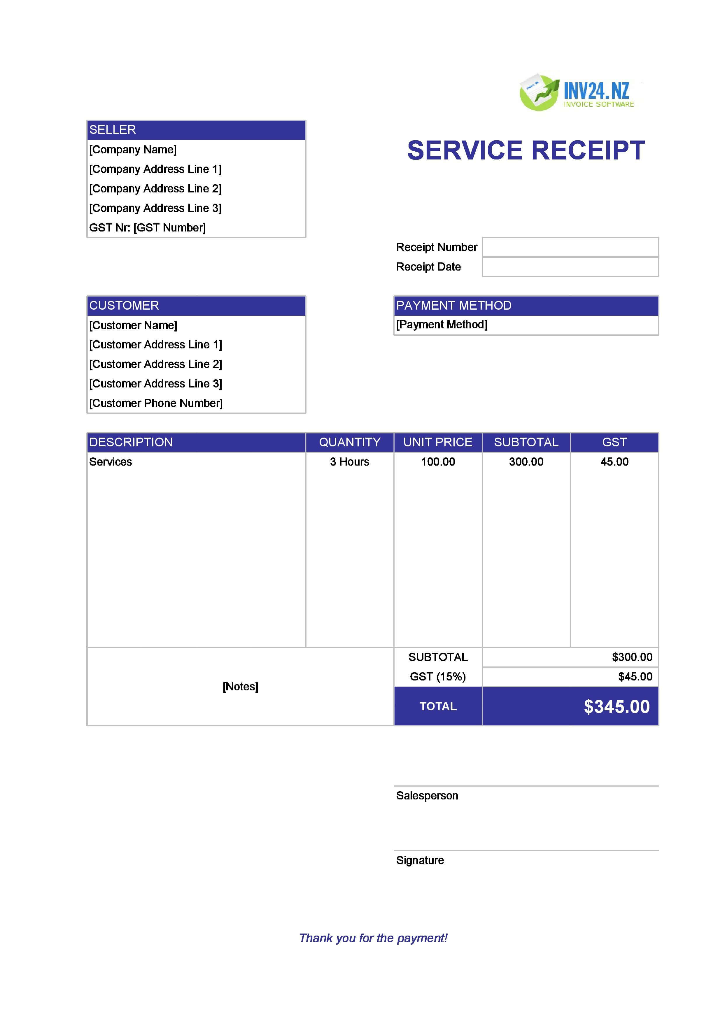 Service Receipt Template for New Zealand (Excel / Google Sheets)